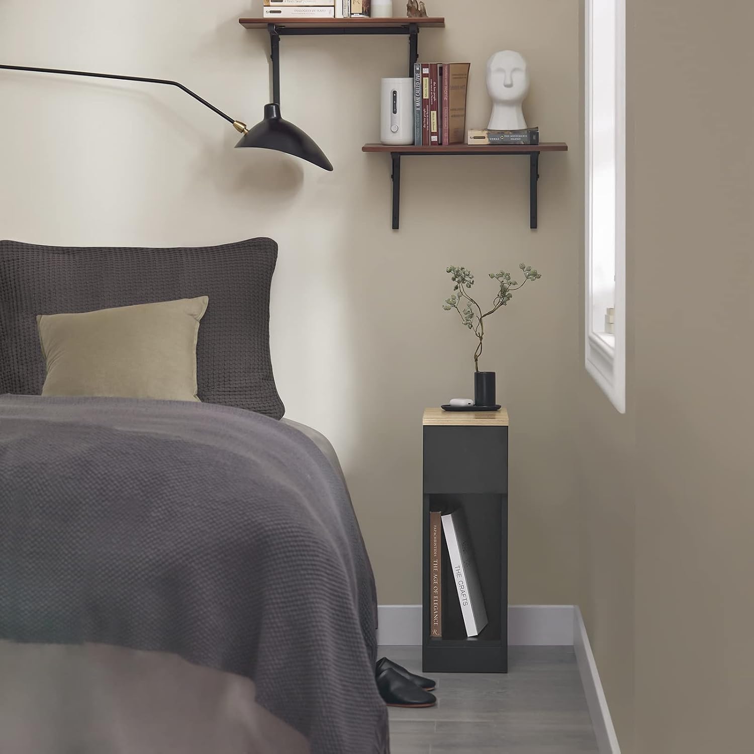 SoBuy Narrow Bedside Table 20 cm with Drawer, 20 x 35 x 60 cm Bedroom | Space Saving Night Table & Side Table for Small Spaces, Living Room and Bedroom, Black, FBT111-SCH