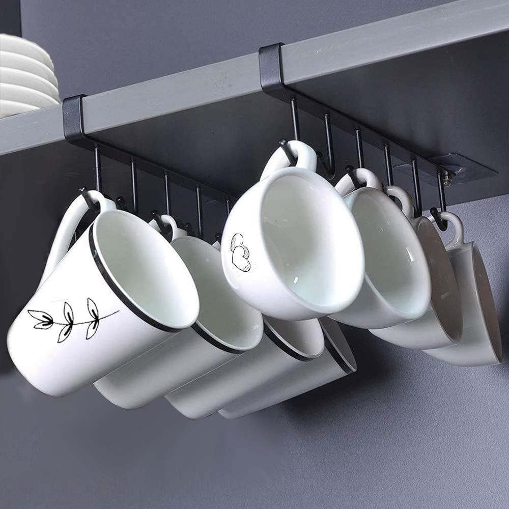Set of 2 Cup Storage Hooks, Cabinet, Kitchen Utensils Ties Belts and Scarf Hang Rack Rack Hook Under Cabinet (Black)