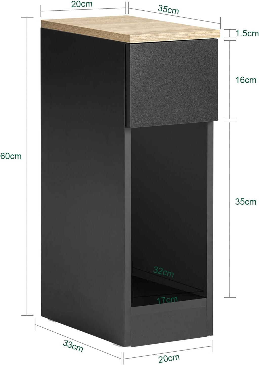 SoBuy Narrow Bedside Table 20 cm with Drawer, 20 x 35 x 60 cm Bedroom | Space Saving Night Table & Side Table for Small Spaces, Living Room and Bedroom, Black, FBT111-SCH
