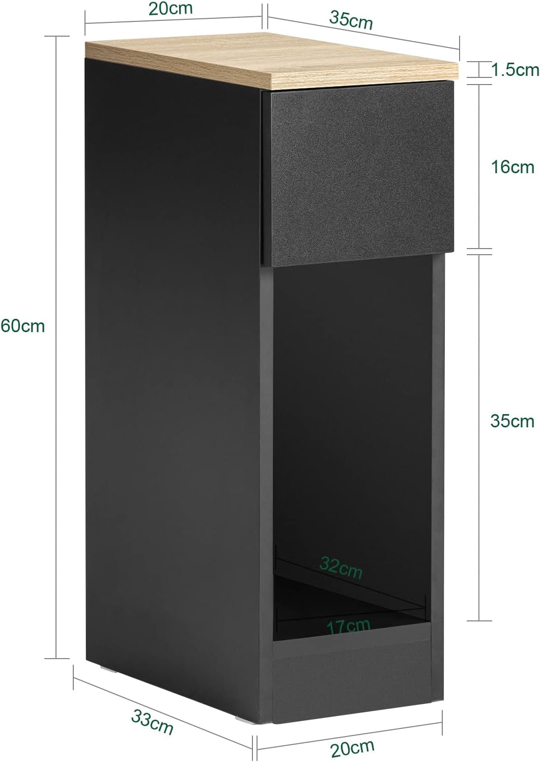 SoBuy Narrow Bedside Table 20 cm with Drawer, 20 x 35 x 60 cm Bedroom | Space Saving Night Table & Side Table for Small Spaces, Living Room and Bedroom, Black, FBT111-SCH
