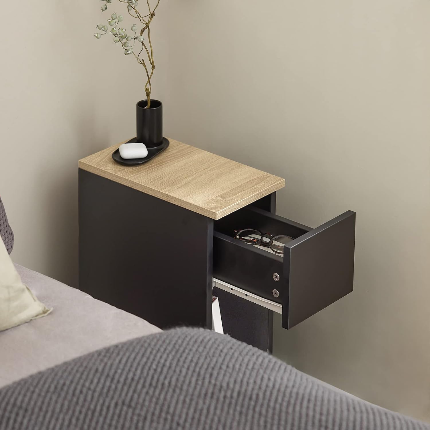 SoBuy Narrow Bedside Table 20 cm with Drawer, 20 x 35 x 60 cm Bedroom | Space Saving Night Table & Side Table for Small Spaces, Living Room and Bedroom, Black, FBT111-SCH