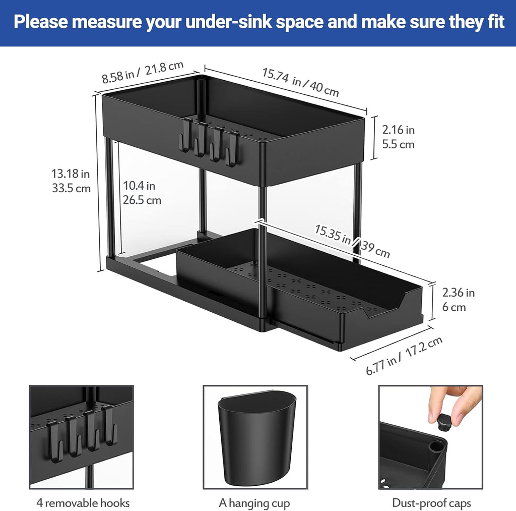 Puricon 1 Pack Under Sink Storage 2 Tier Kitchen Organizer with Removable Drawers, Under Sink Draw Out Storage, Closet Organizer, Shelf, Drawer Basket for Kitchen - Black