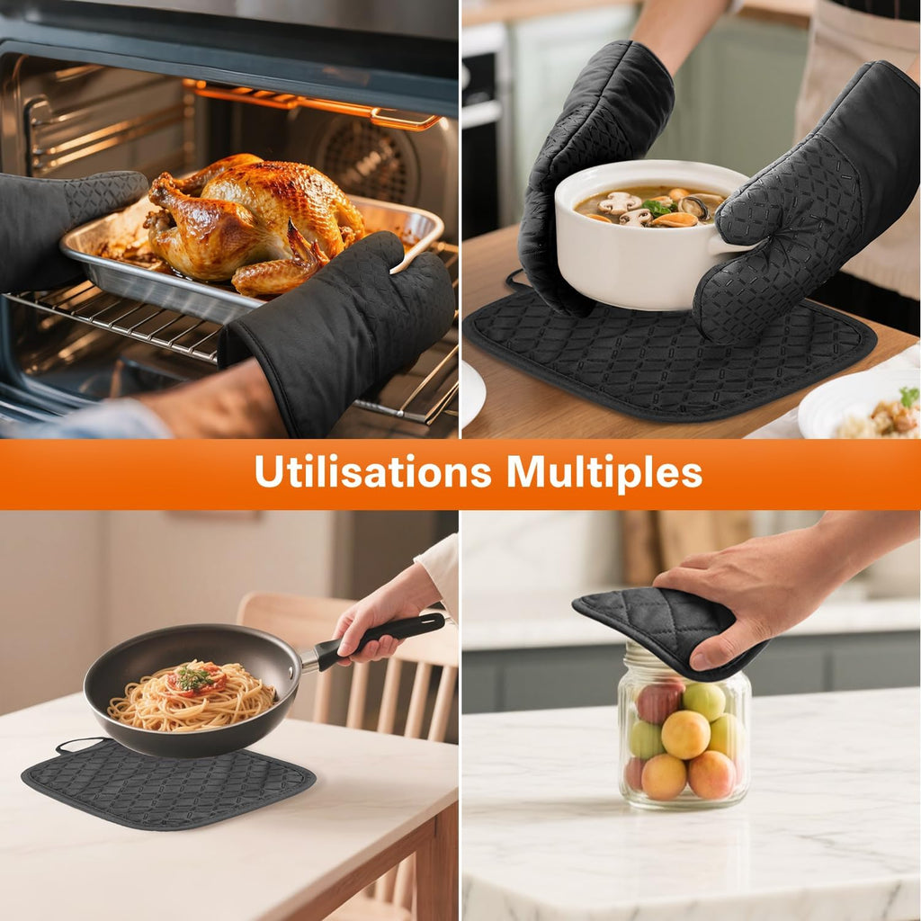Set of 4 Oven Mitts - MILcea Oven Mitts - Heat Resistant Up to 300°C - Non-Slip Silicone Gloves - Soft Cotton - 32 cm Long and Flexible - Black