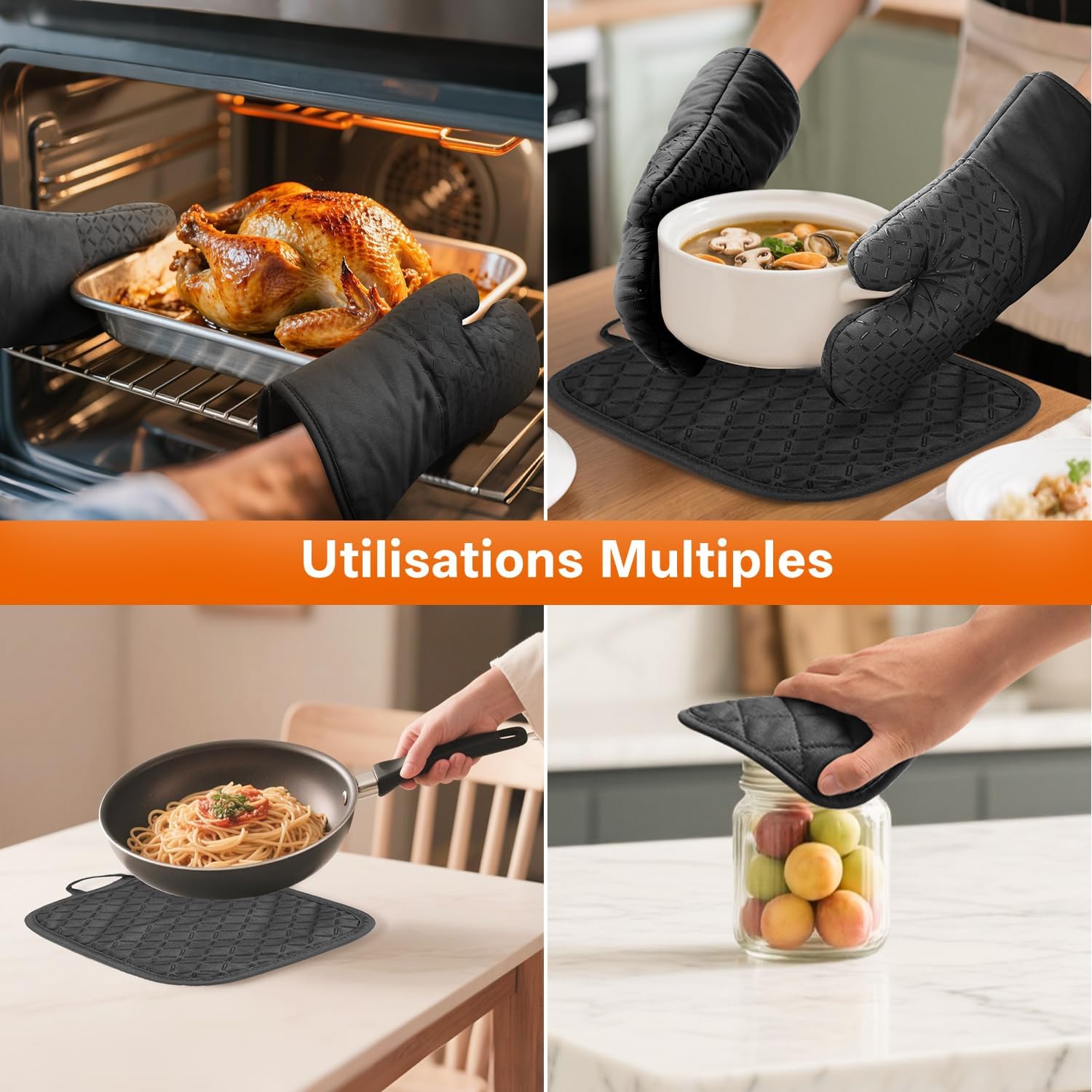 Set of 4 Oven Mitts - MILcea Oven Mitts - Heat Resistant Up to 300°C - Non-Slip Silicone Gloves - Soft Cotton - 32 cm Long and Flexible - Black