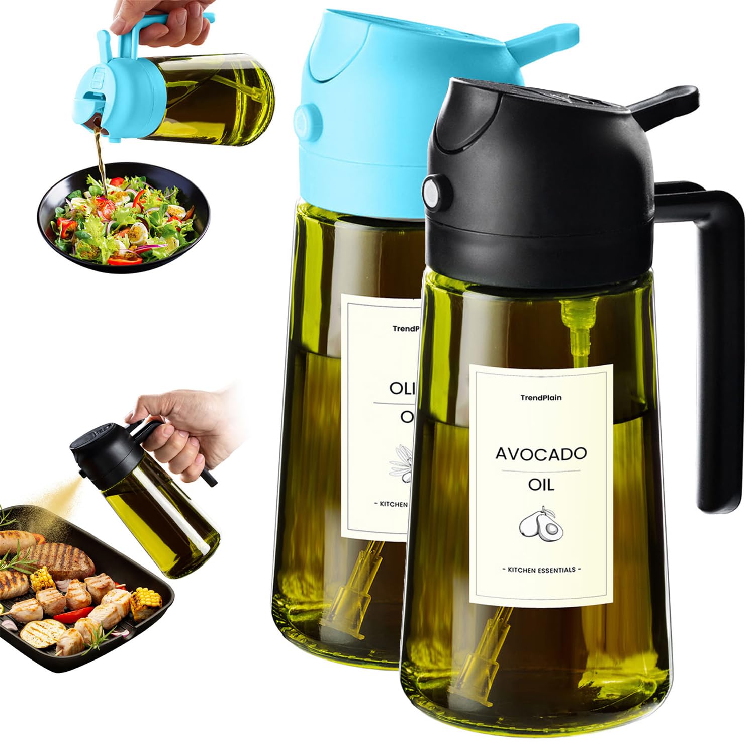 TrendPlain Kitchen Oil Spray 470ml - Air Fryer 2-in-1 Oil Spray for Cooking, Salads, Vinegar and Kitchen Accessories (1 Piece, Black)