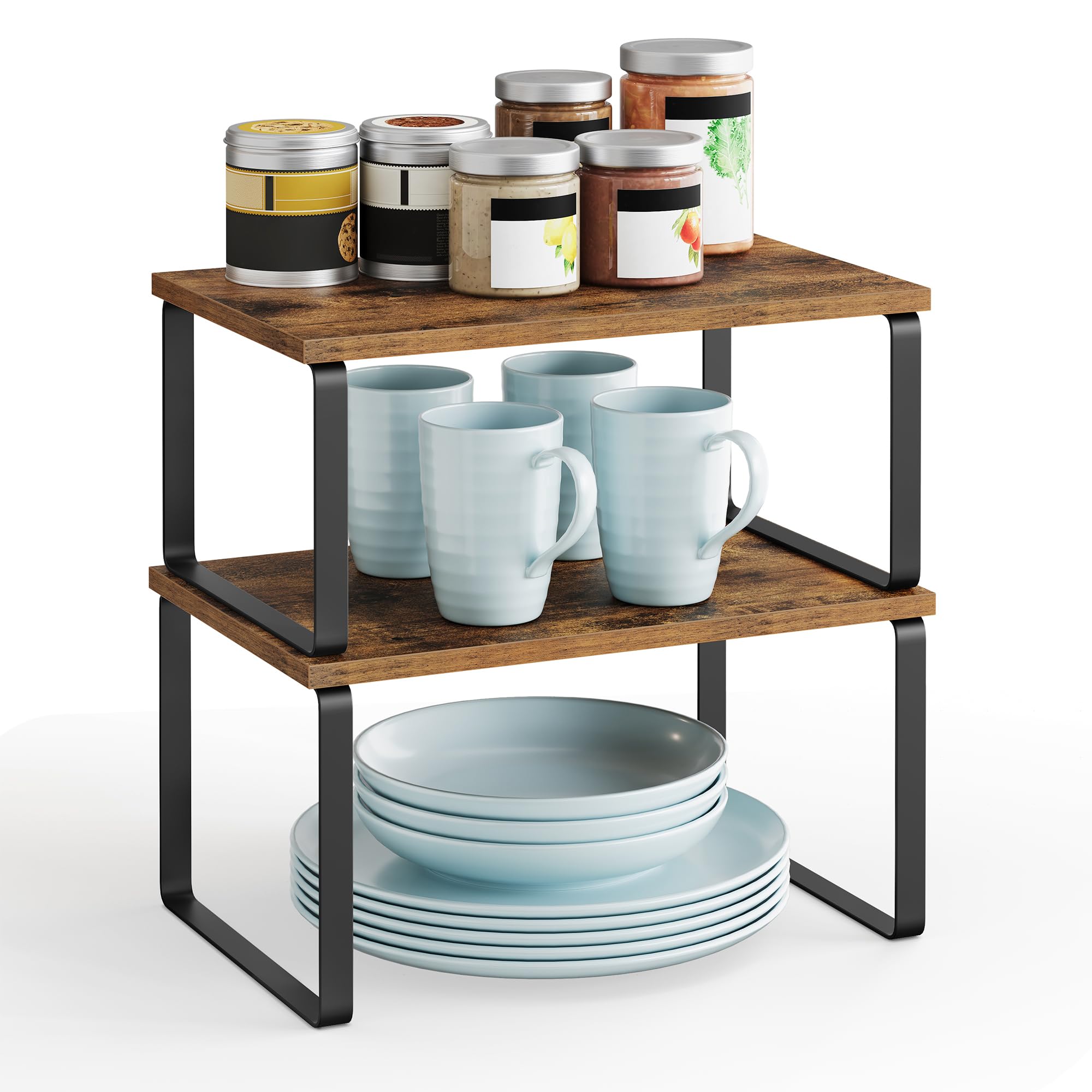 SONGMICS Spice Rack, Set of 2, Cupboard Organizer, Expandable Kitchen Storage Shelf, Stackable Spice Rack, Metal, Engineered Wood, Ink Black and Natural Beige KCS02NB