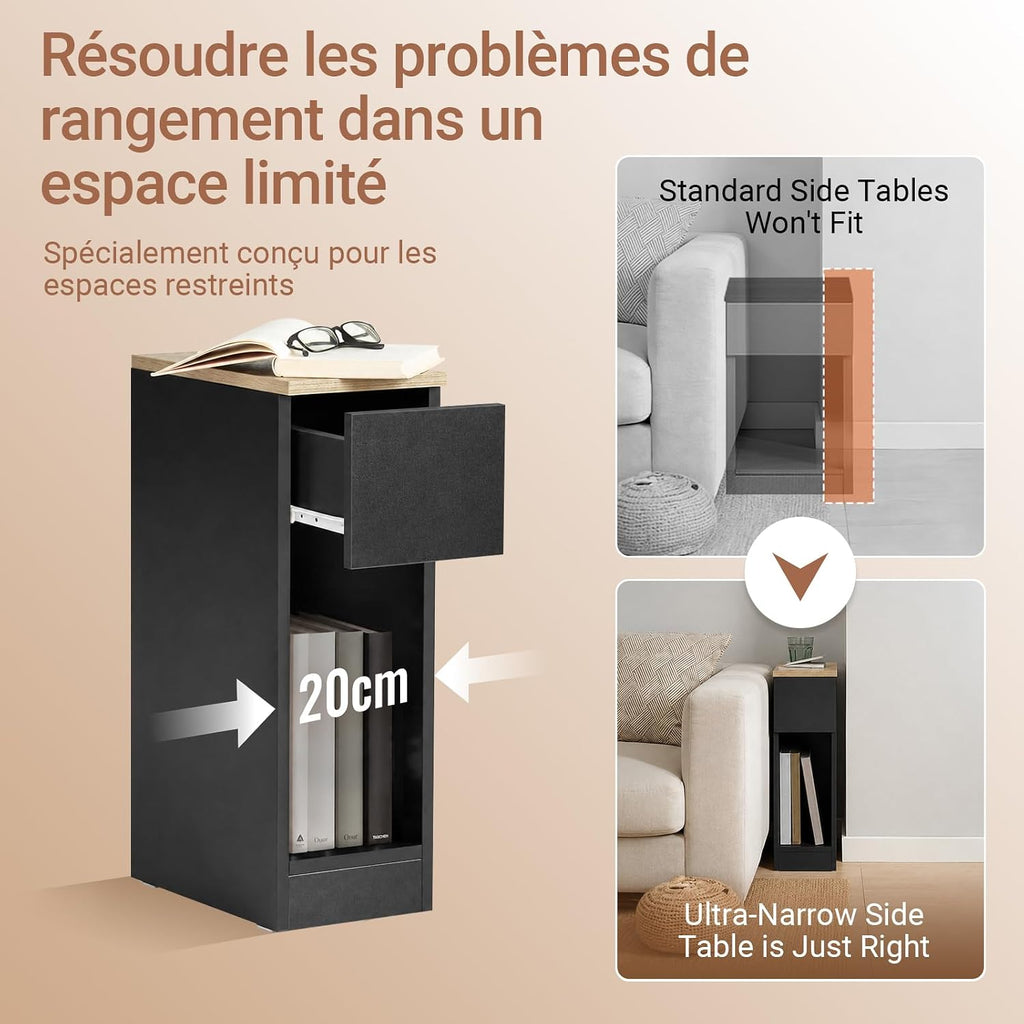 SoBuy Narrow Bedside Table 20 cm with Drawer, 20 x 35 x 60 cm Bedroom | Space Saving Night Table & Side Table for Small Spaces, Living Room and Bedroom, Black, FBT111-SCH