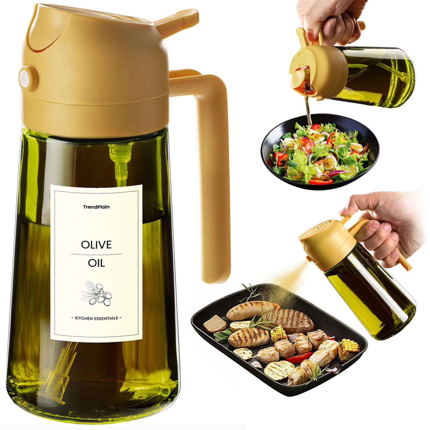TrendPlain Kitchen Oil Spray 470ml - Air Fryer 2-in-1 Oil Spray for Cooking, Salads, Vinegar and Kitchen Accessories (1 Piece, Black)