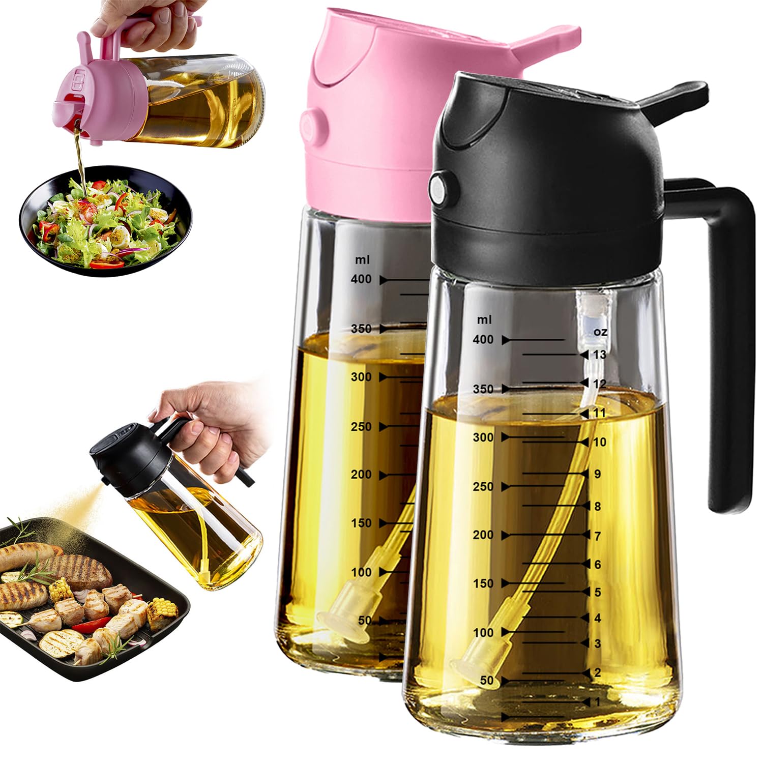 TrendPlain Kitchen Oil Spray 470ml - Air Fryer 2-in-1 Oil Spray for Cooking, Salads, Vinegar and Kitchen Accessories (1 Piece, Black)