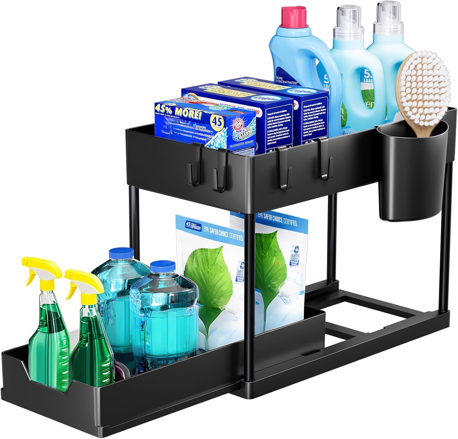 Puricon 1 Pack Under Sink Storage 2 Tier Kitchen Organizer with Removable Drawers, Under Sink Draw Out Storage, Closet Organizer, Shelf, Drawer Basket for Kitchen - Black