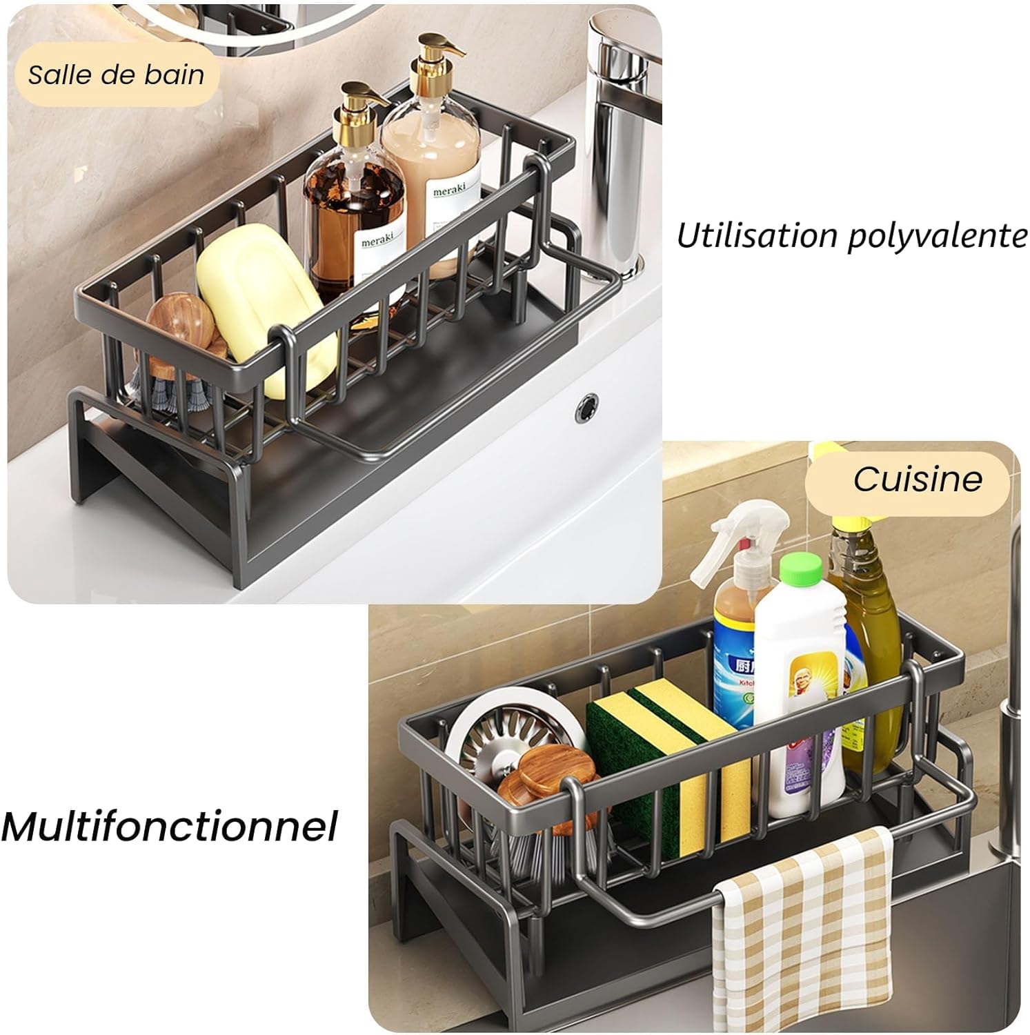 ViWaVee Kitchen Storage and Organization, Sink Organizer with Automatic Drainage Tray for Sponge Holder, Towel Holder, Great Accessories for Black Room.
