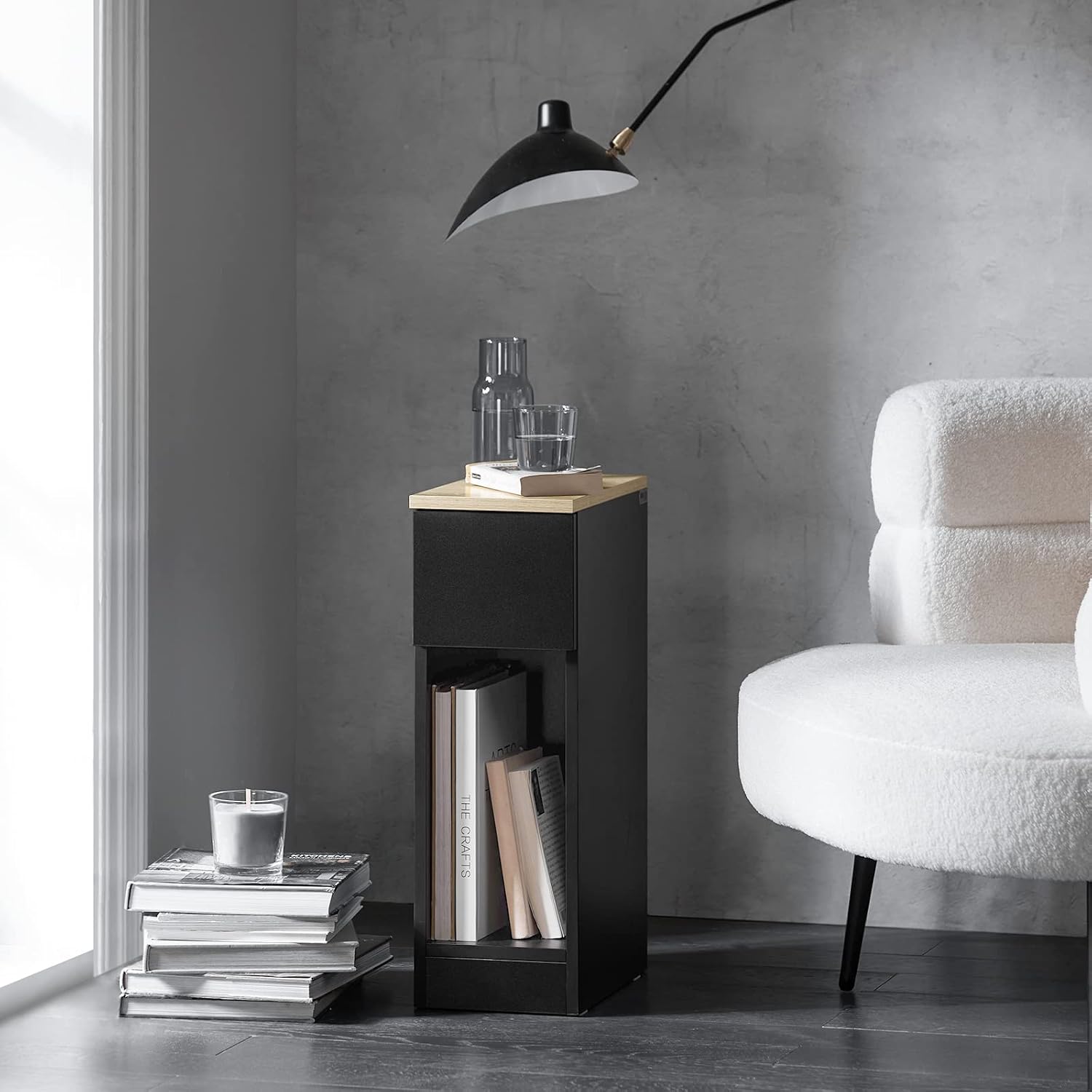 SoBuy Narrow Bedside Table 20 cm with Drawer, 20 x 35 x 60 cm Bedroom | Space Saving Night Table & Side Table for Small Spaces, Living Room and Bedroom, Black, FBT111-SCH