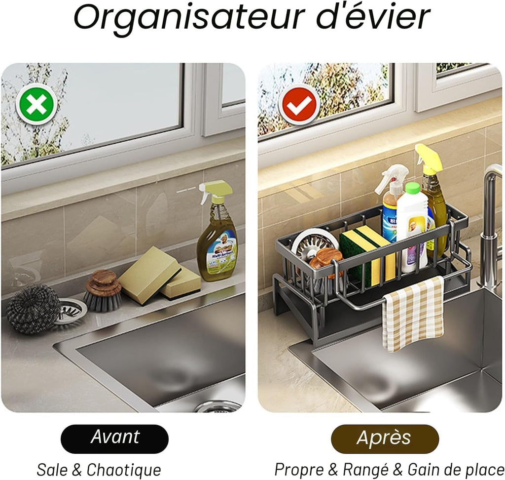 ViWaVee Kitchen Storage and Organization, Sink Organizer with Automatic Drainage Tray for Sponge Holder, Towel Holder, Great Accessories for Black Room.