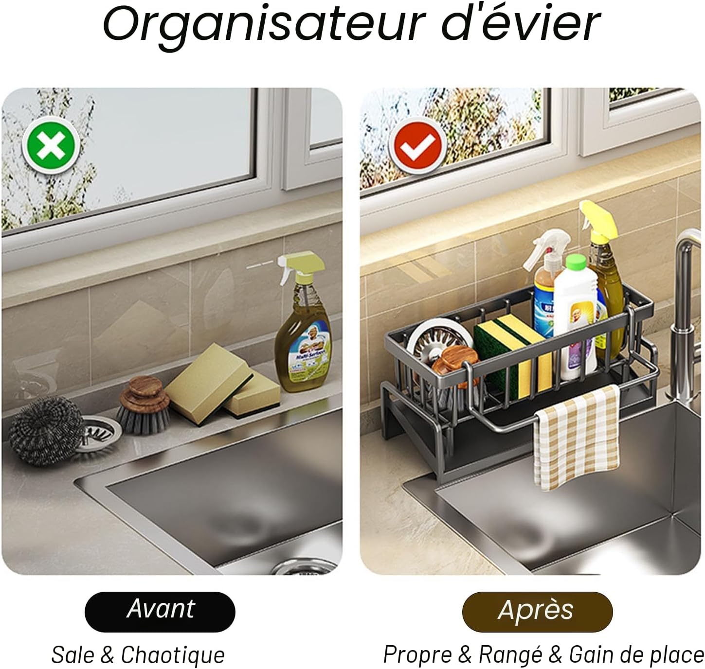 ViWaVee Kitchen Storage and Organization, Sink Organizer with Automatic Drainage Tray for Sponge Holder, Towel Holder, Great Accessories for Black Room.