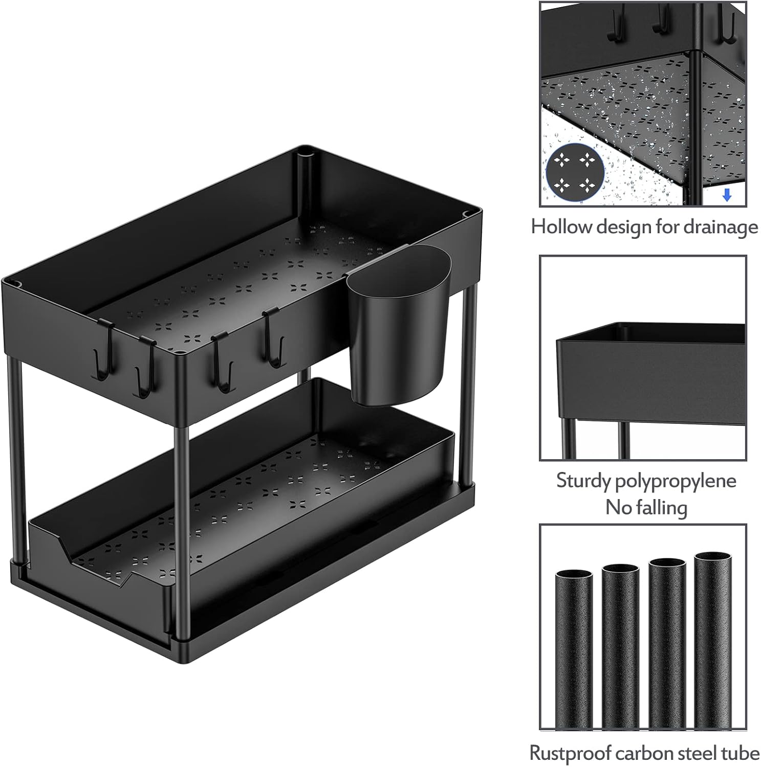 Puricon 1 Pack Under Sink Storage 2 Tier Kitchen Organizer with Removable Drawers, Under Sink Draw Out Storage, Closet Organizer, Shelf, Drawer Basket for Kitchen - Black