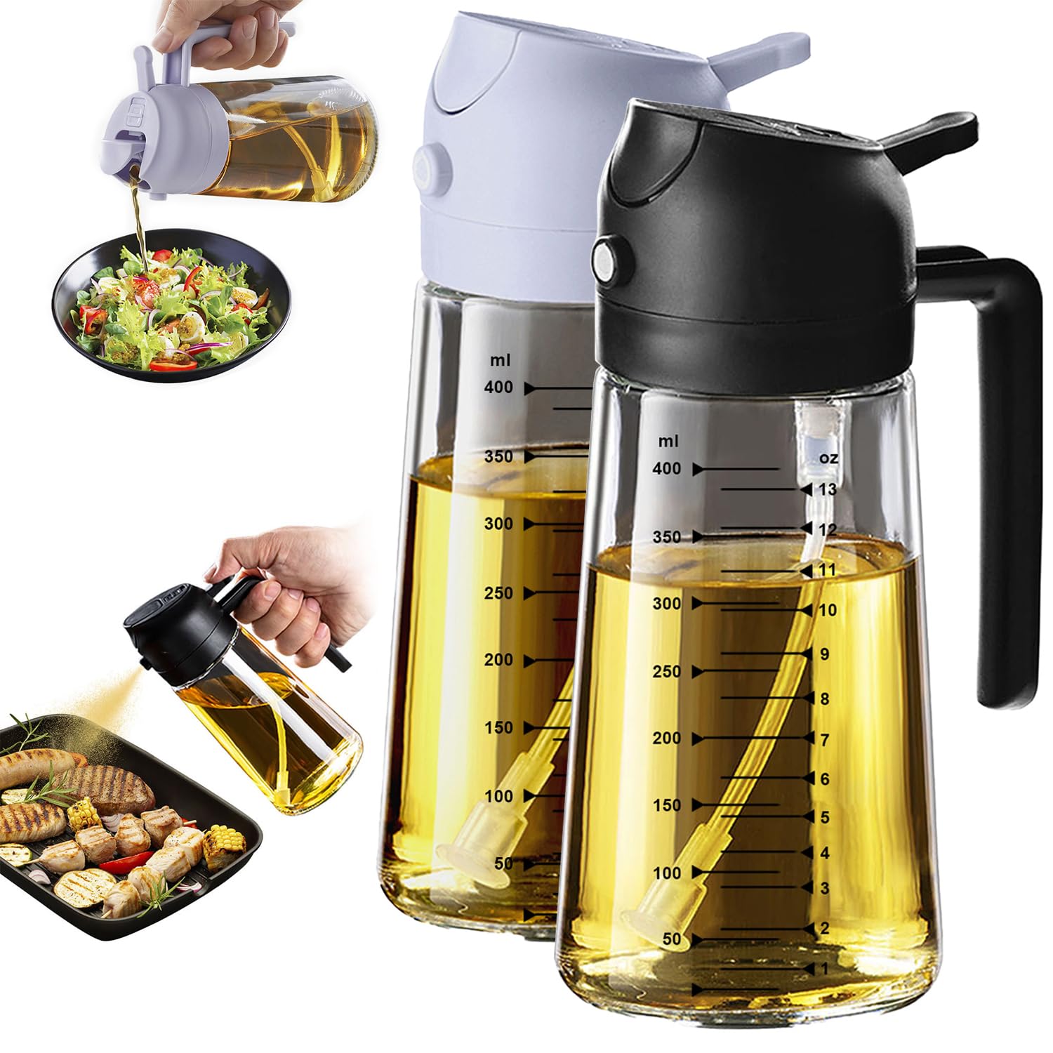 TrendPlain Kitchen Oil Spray 470ml - Air Fryer 2-in-1 Oil Spray for Cooking, Salads, Vinegar and Kitchen Accessories (1 Piece, Black)