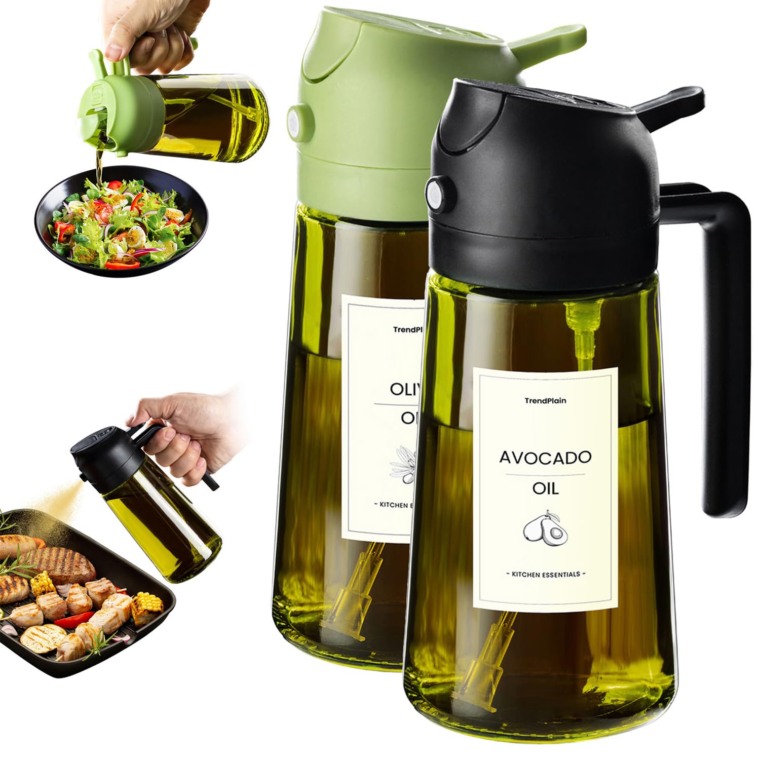 TrendPlain Kitchen Oil Spray 470ml - Air Fryer 2-in-1 Oil Spray for Cooking, Salads, Vinegar and Kitchen Accessories (1 Piece, Black)