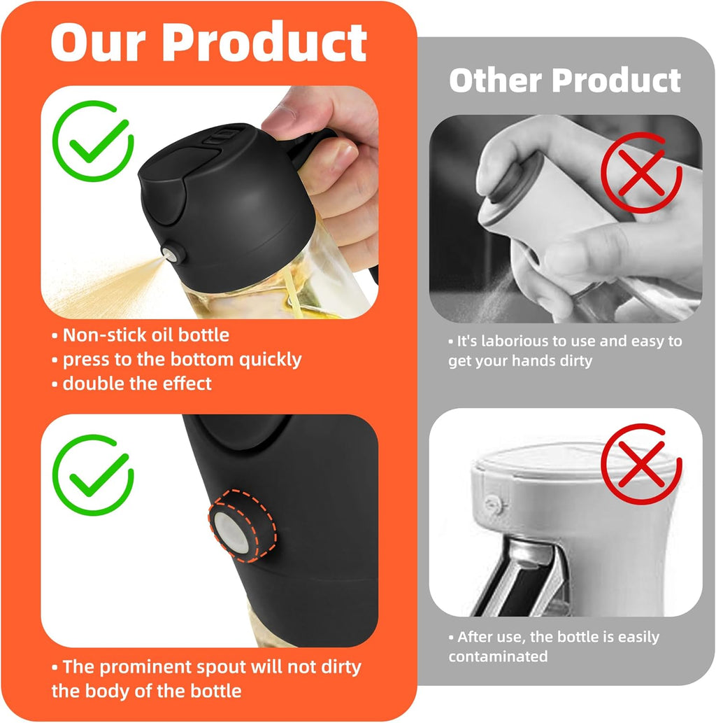 TrendPlain Kitchen Oil Spray 470ml - Air Fryer 2-in-1 Oil Spray for Cooking, Salads, Vinegar and Kitchen Accessories (1 Piece, Black)