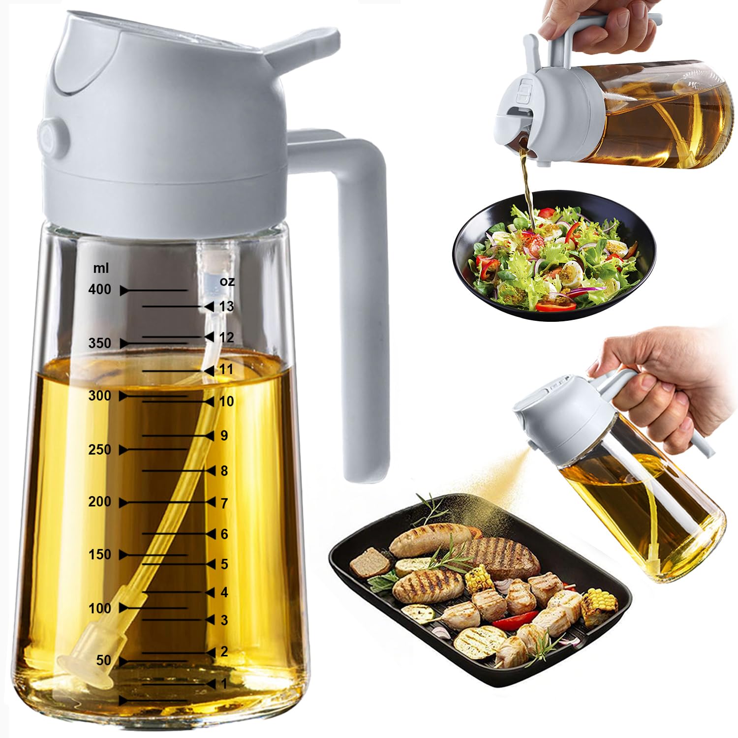 TrendPlain Kitchen Oil Spray 470ml - Air Fryer 2-in-1 Oil Spray for Cooking, Salads, Vinegar and Kitchen Accessories (1 Piece, Black)