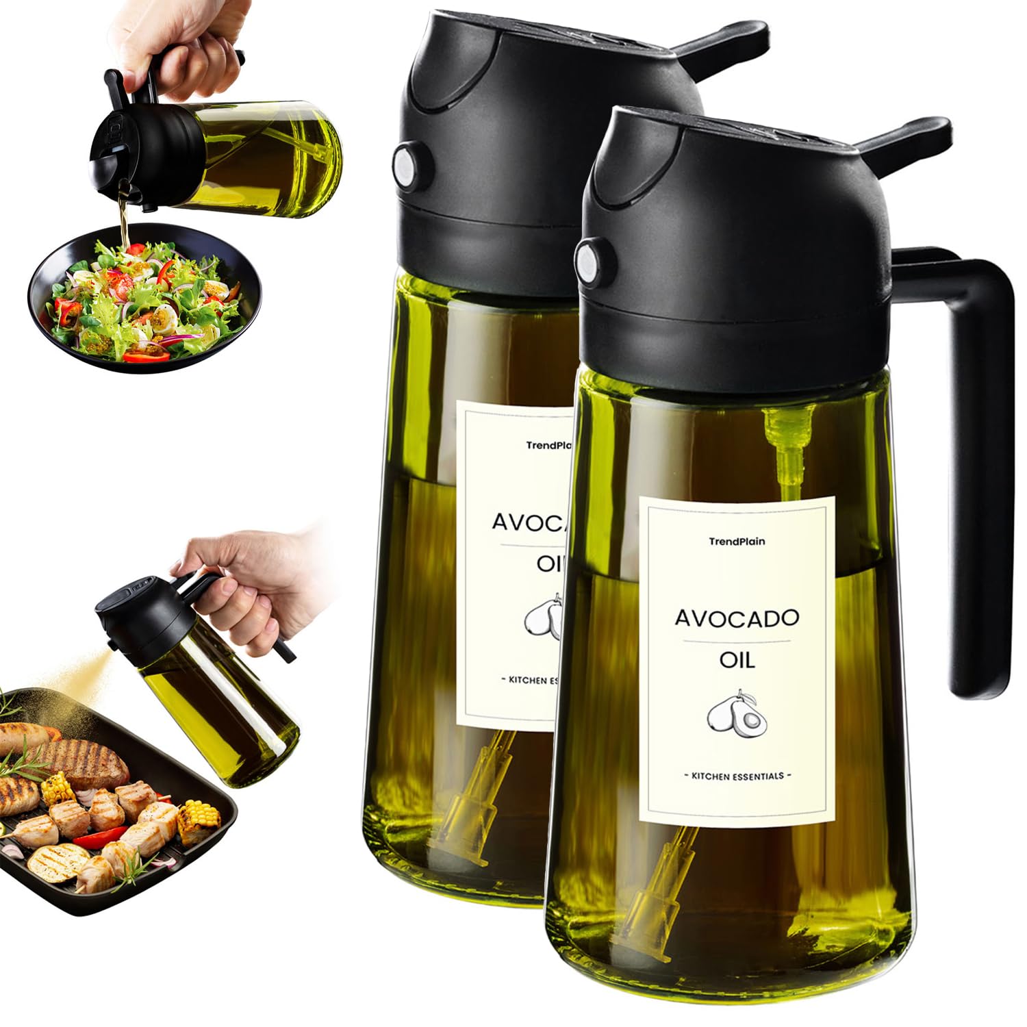 TrendPlain Kitchen Oil Spray 470ml - Air Fryer 2-in-1 Oil Spray for Cooking, Salads, Vinegar and Kitchen Accessories (1 Piece, Black)