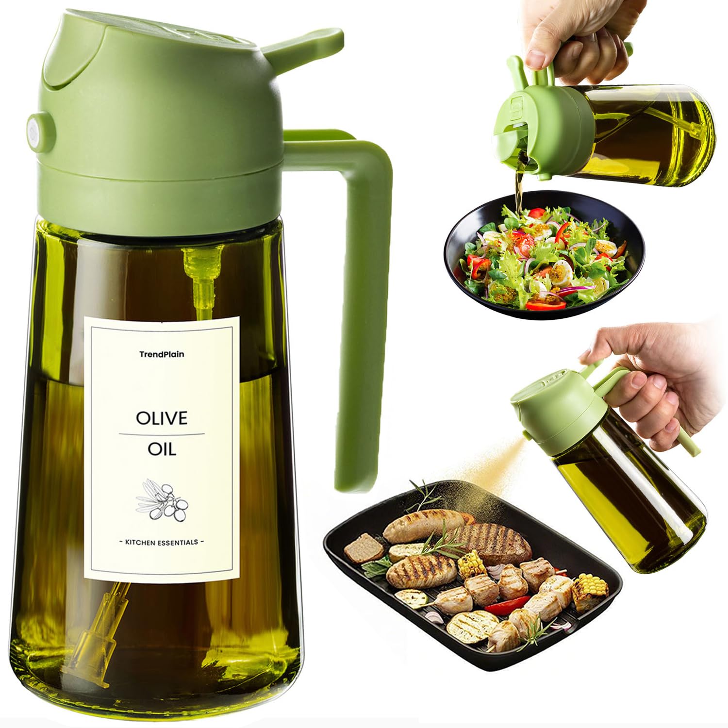 TrendPlain Kitchen Oil Spray 470ml - Air Fryer 2-in-1 Oil Spray for Cooking, Salads, Vinegar and Kitchen Accessories (1 Piece, Black)