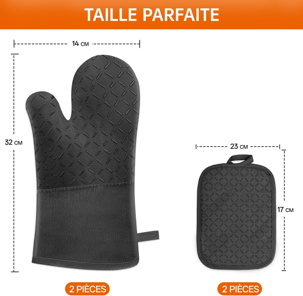 Set of 4 Oven Mitts - MILcea Oven Mitts - Heat Resistant Up to 300°C - Non-Slip Silicone Gloves - Soft Cotton - 32 cm Long and Flexible - Black
