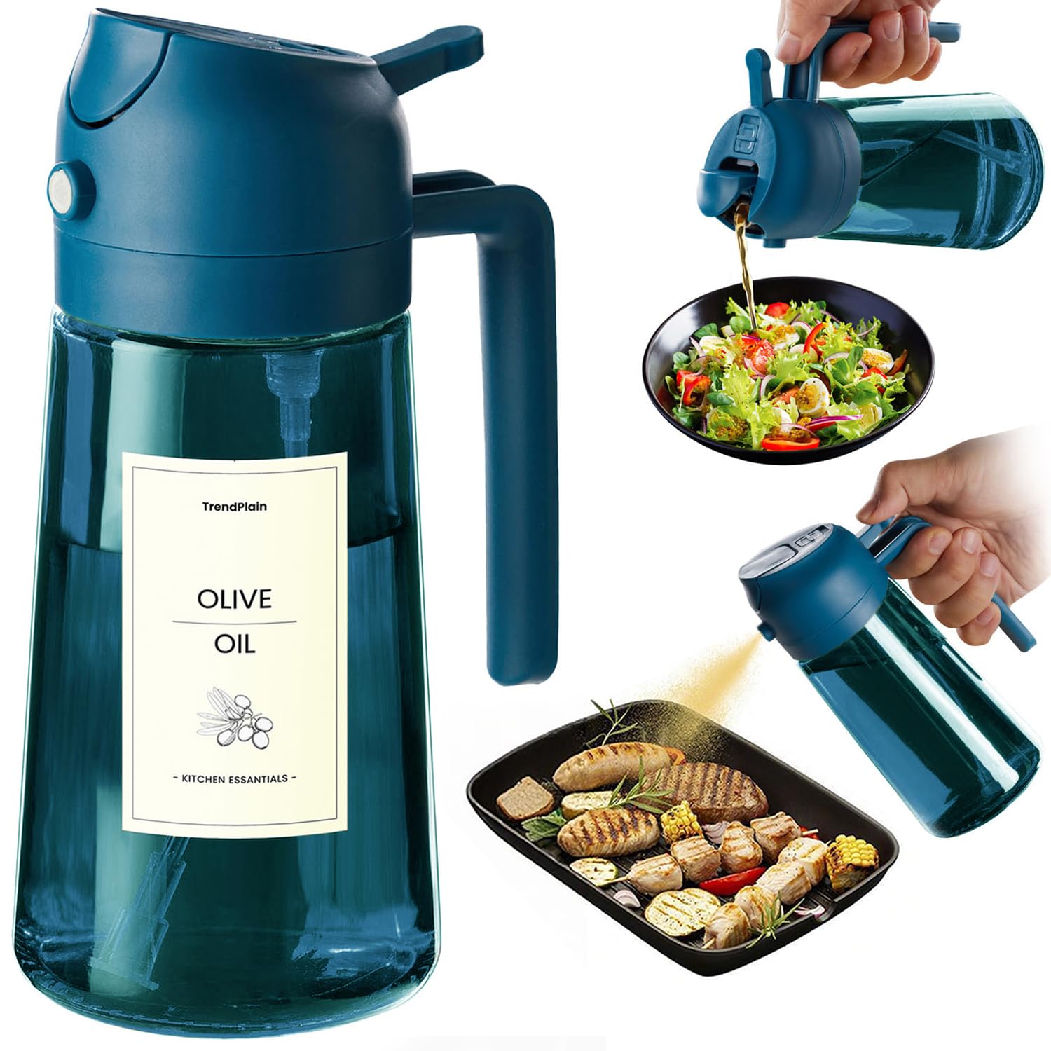 TrendPlain Kitchen Oil Spray 470ml - Air Fryer 2-in-1 Oil Spray for Cooking, Salads, Vinegar and Kitchen Accessories (1 Piece, Black)