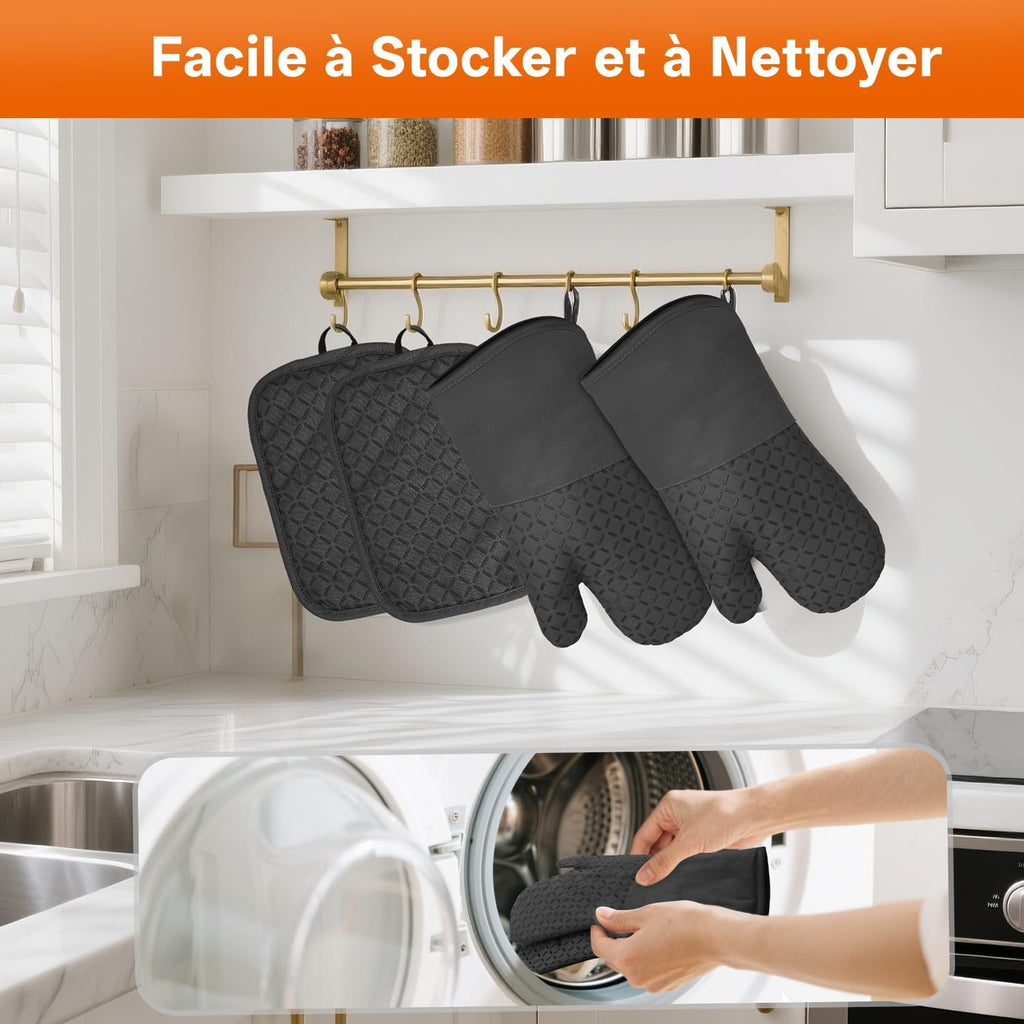 Set of 4 Oven Mitts - MILcea Oven Mitts - Heat Resistant Up to 300°C - Non-Slip Silicone Gloves - Soft Cotton - 32 cm Long and Flexible - Black
