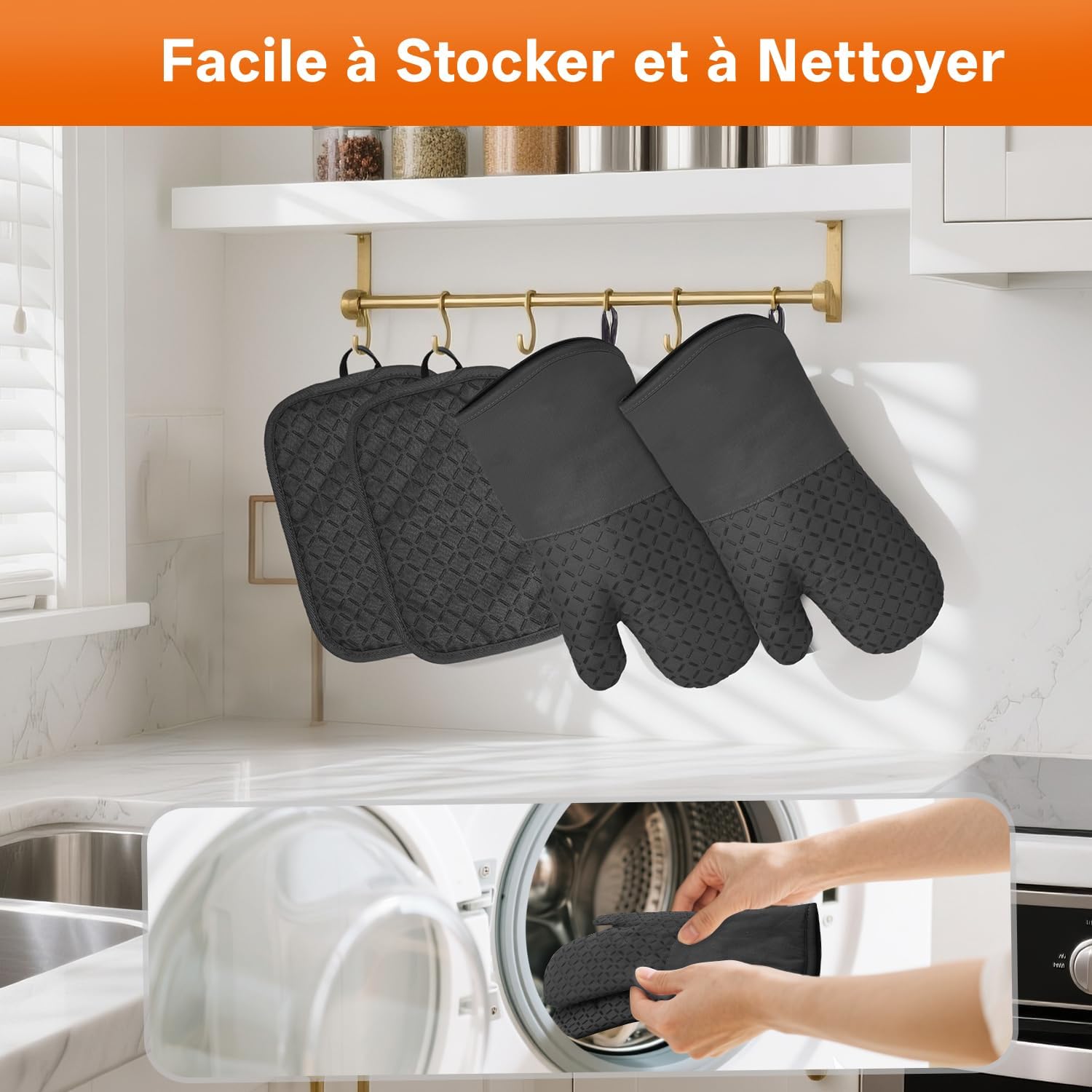 Set of 4 Oven Mitts - MILcea Oven Mitts - Heat Resistant Up to 300°C - Non-Slip Silicone Gloves - Soft Cotton - 32 cm Long and Flexible - Black