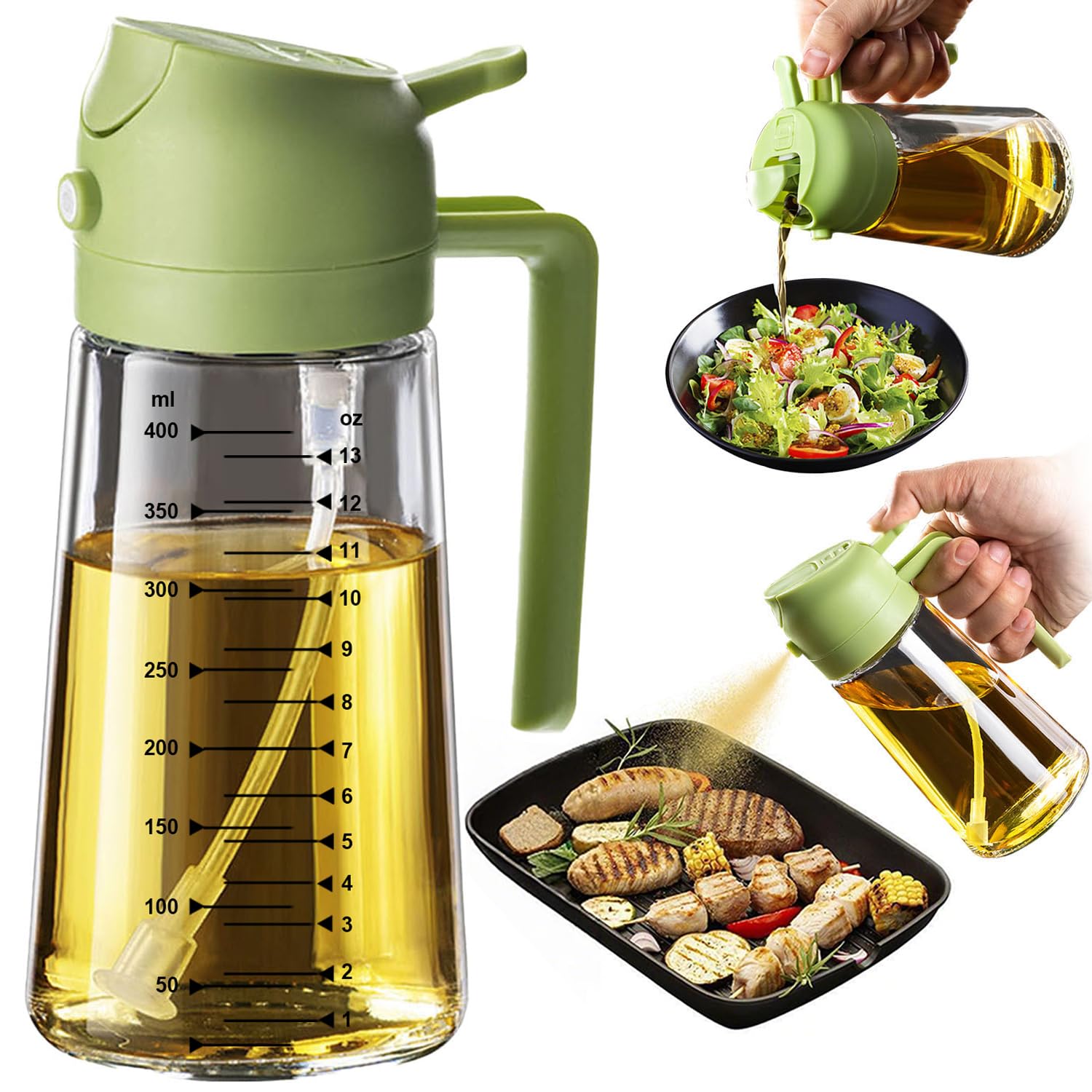 TrendPlain Kitchen Oil Spray 470ml - Air Fryer 2-in-1 Oil Spray for Cooking, Salads, Vinegar and Kitchen Accessories (1 Piece, Black)