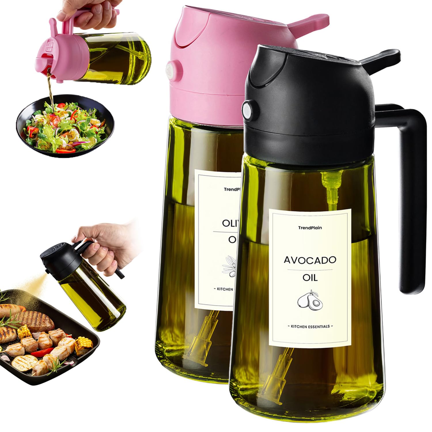 TrendPlain Kitchen Oil Spray 470ml - Air Fryer 2-in-1 Oil Spray for Cooking, Salads, Vinegar and Kitchen Accessories (1 Piece, Black)