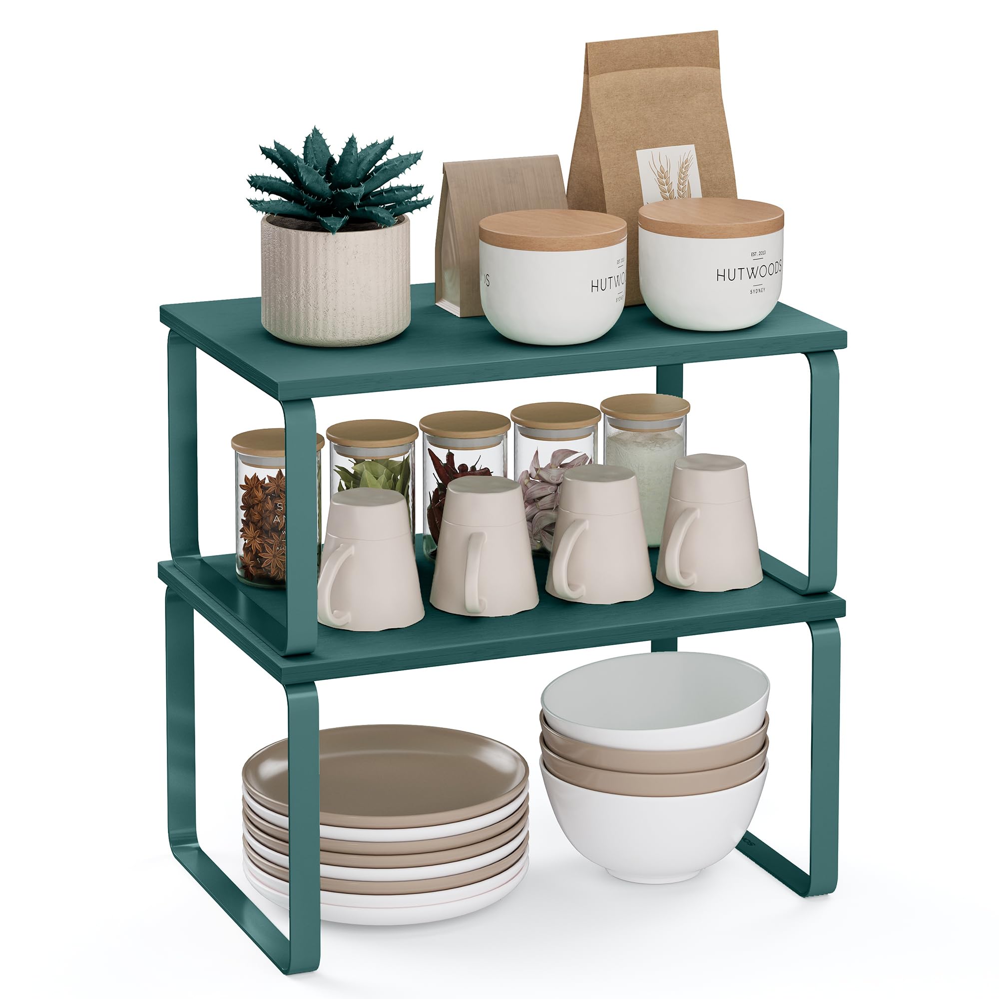 SONGMICS Spice Rack, Set of 2, Cupboard Organizer, Expandable Kitchen Storage Shelf, Stackable Spice Rack, Metal, Engineered Wood, Ink Black and Natural Beige KCS02NB