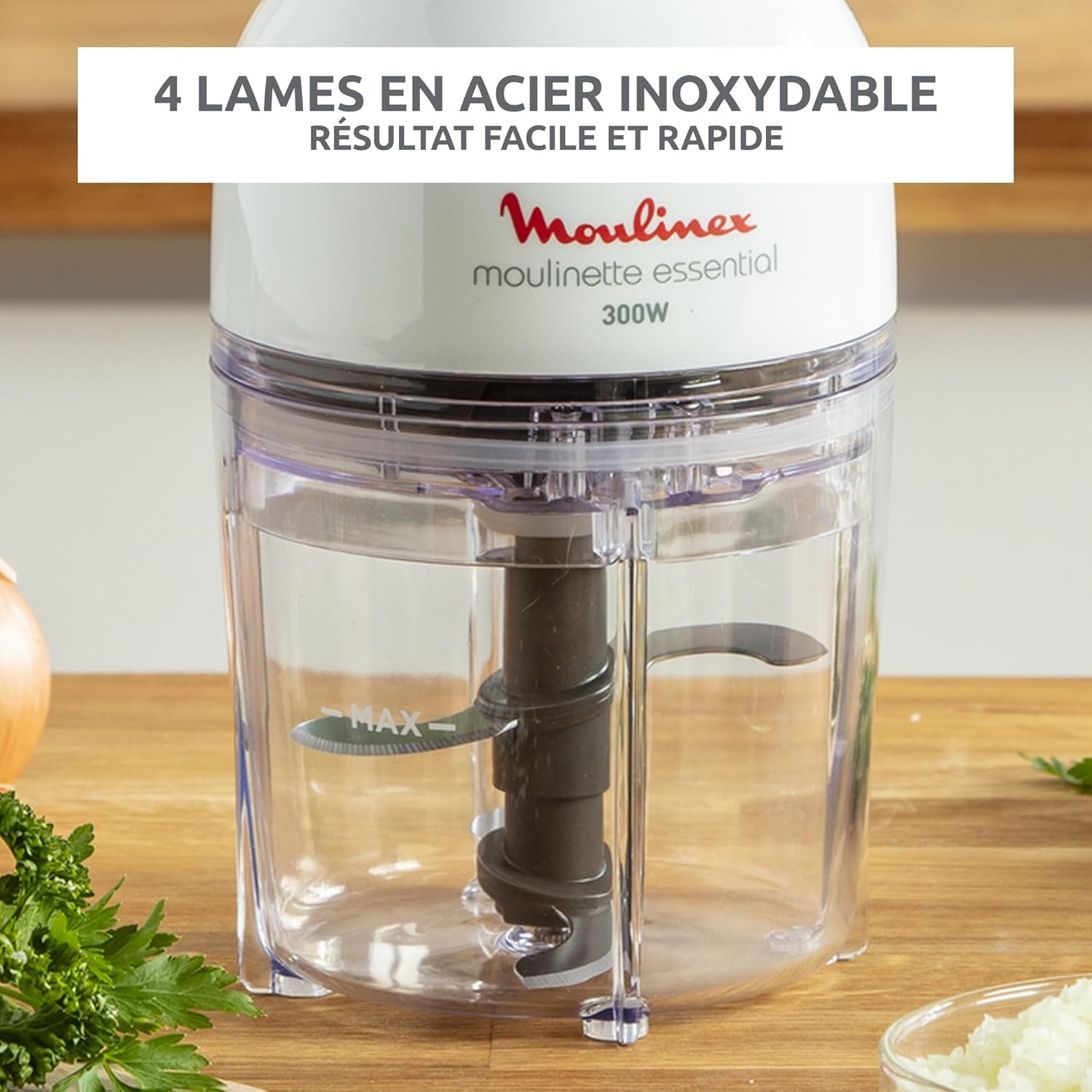 Moulinex Electric Chopper, 400 ml, 300 W, 4 Blades, 3-in-1 Function, Chopper, Blender, Mixed, Single Pressure System, Essential DJ520110, White