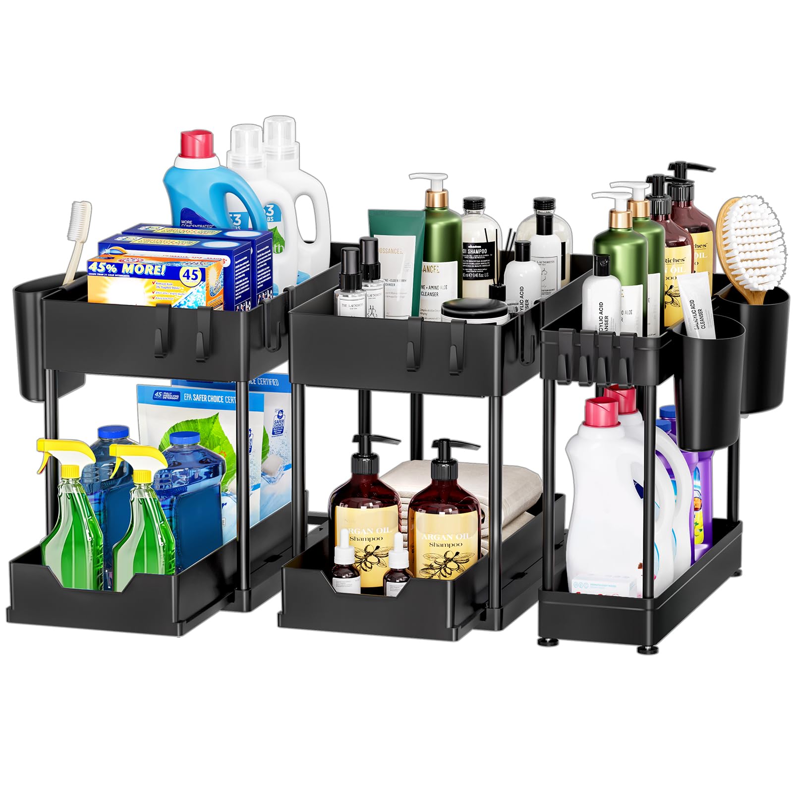 Puricon 1 Pack Under Sink Storage 2 Tier Kitchen Organizer with Removable Drawers, Under Sink Draw Out Storage, Closet Organizer, Shelf, Drawer Basket for Kitchen - Black