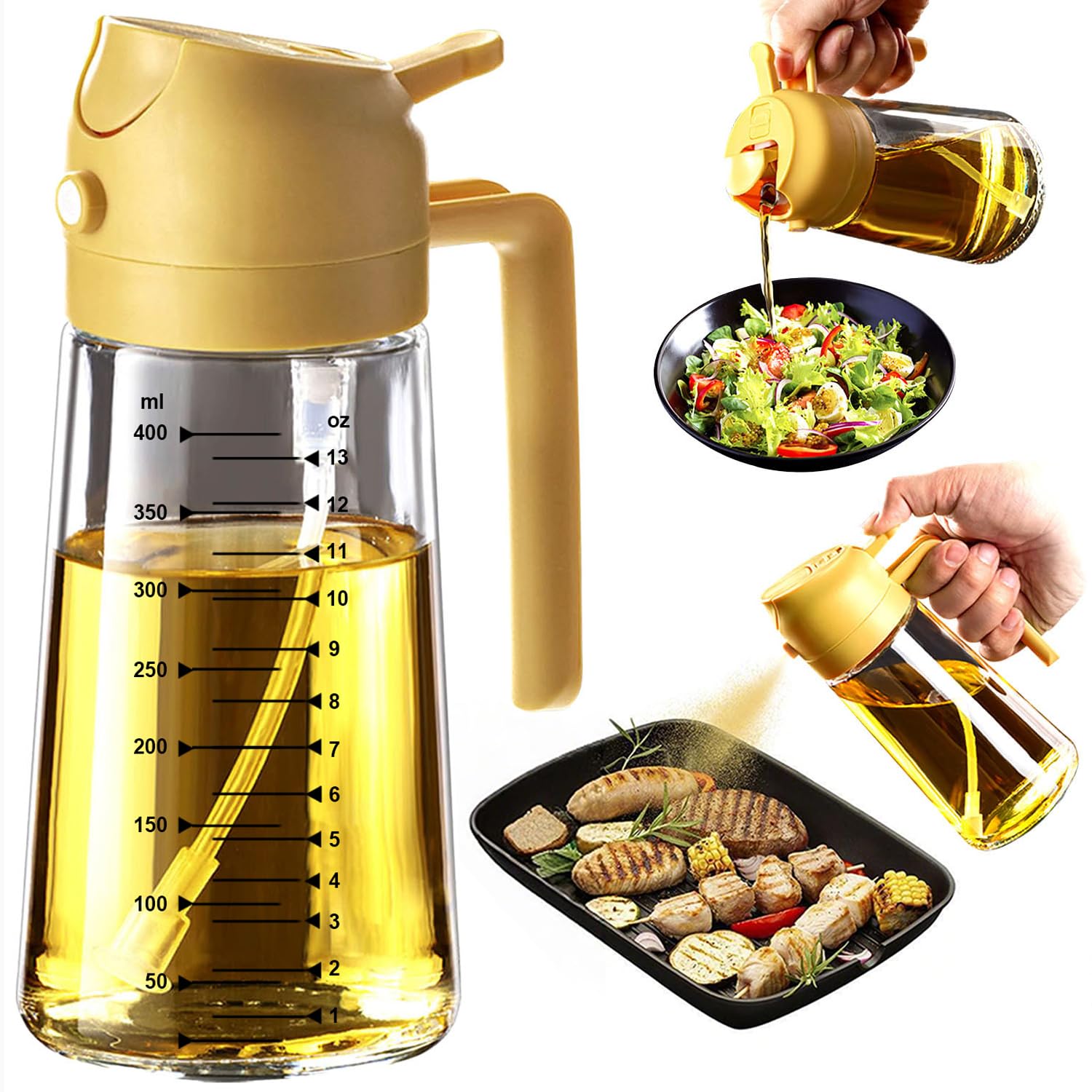 TrendPlain Kitchen Oil Spray 470ml - Air Fryer 2-in-1 Oil Spray for Cooking, Salads, Vinegar and Kitchen Accessories (1 Piece, Black)