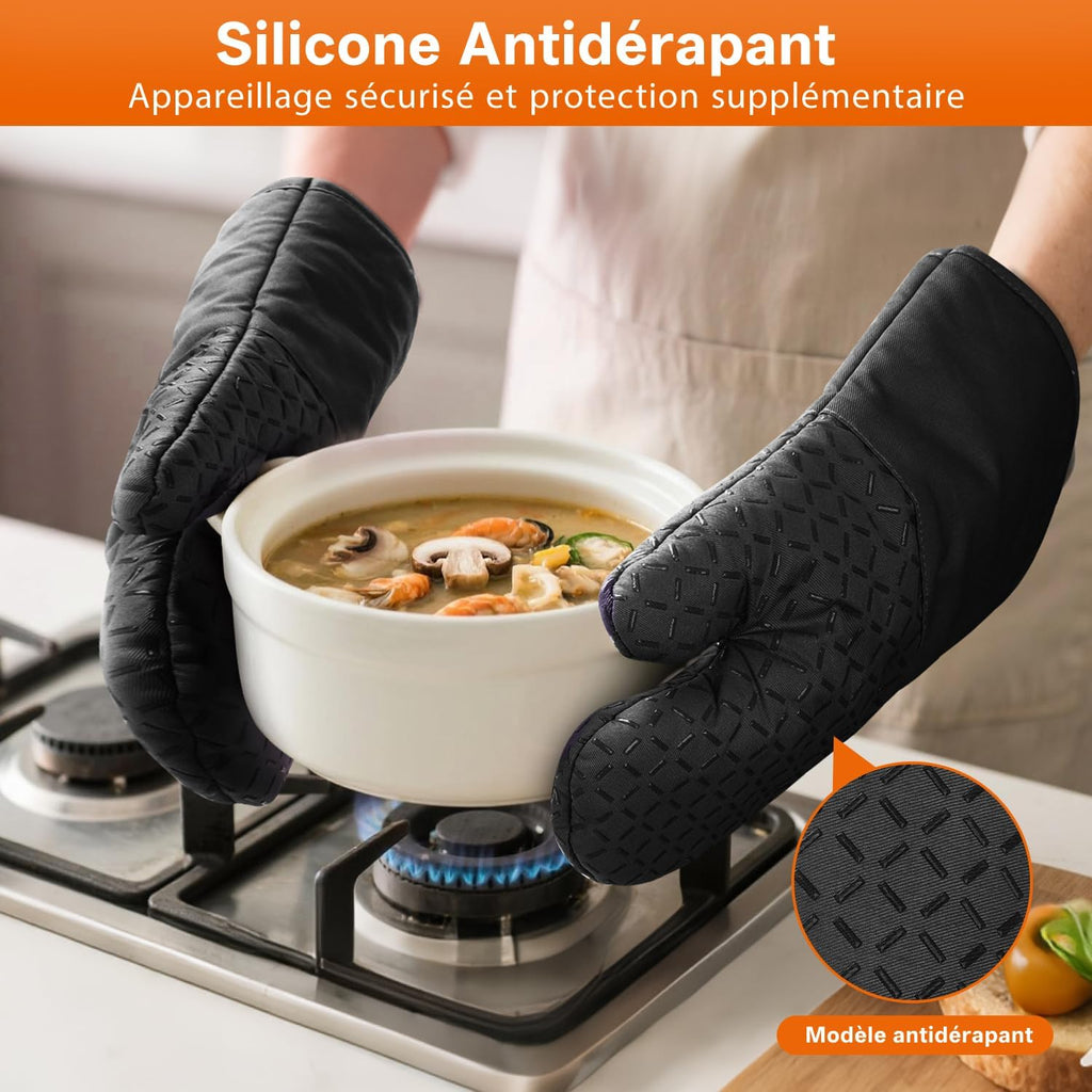 Set of 4 Oven Mitts - MILcea Oven Mitts - Heat Resistant Up to 300°C - Non-Slip Silicone Gloves - Soft Cotton - 32 cm Long and Flexible - Black