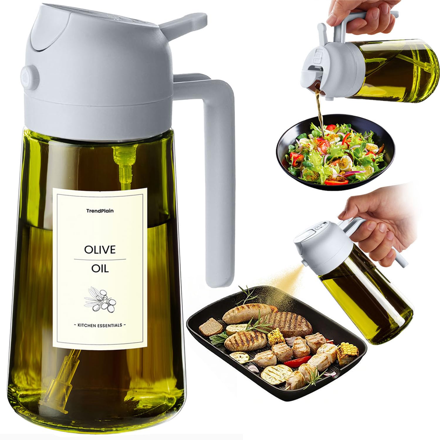 TrendPlain Kitchen Oil Spray 470ml - Air Fryer 2-in-1 Oil Spray for Cooking, Salads, Vinegar and Kitchen Accessories (1 Piece, Black)
