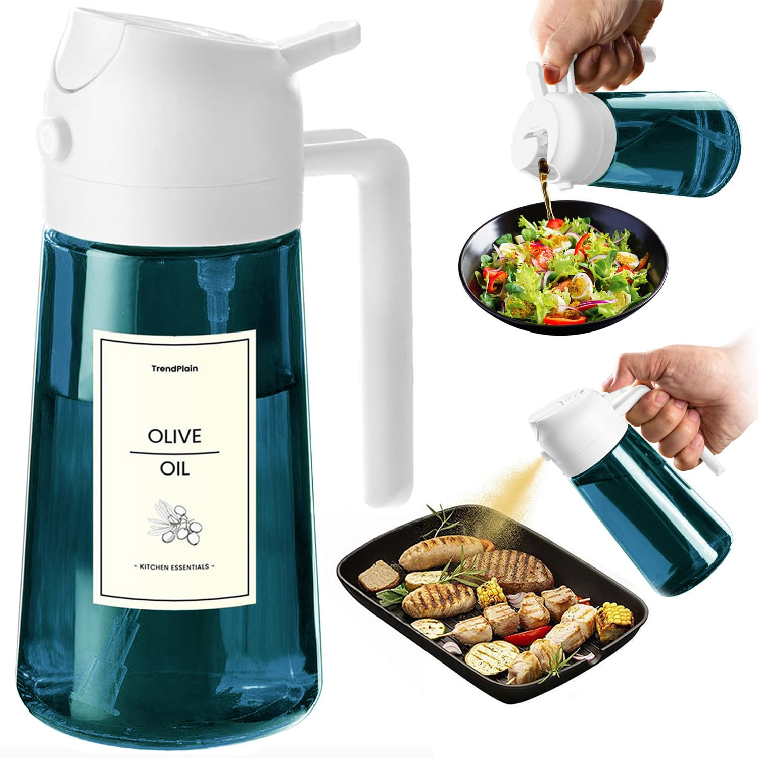 TrendPlain Kitchen Oil Spray 470ml - Air Fryer 2-in-1 Oil Spray for Cooking, Salads, Vinegar and Kitchen Accessories (1 Piece, Black)