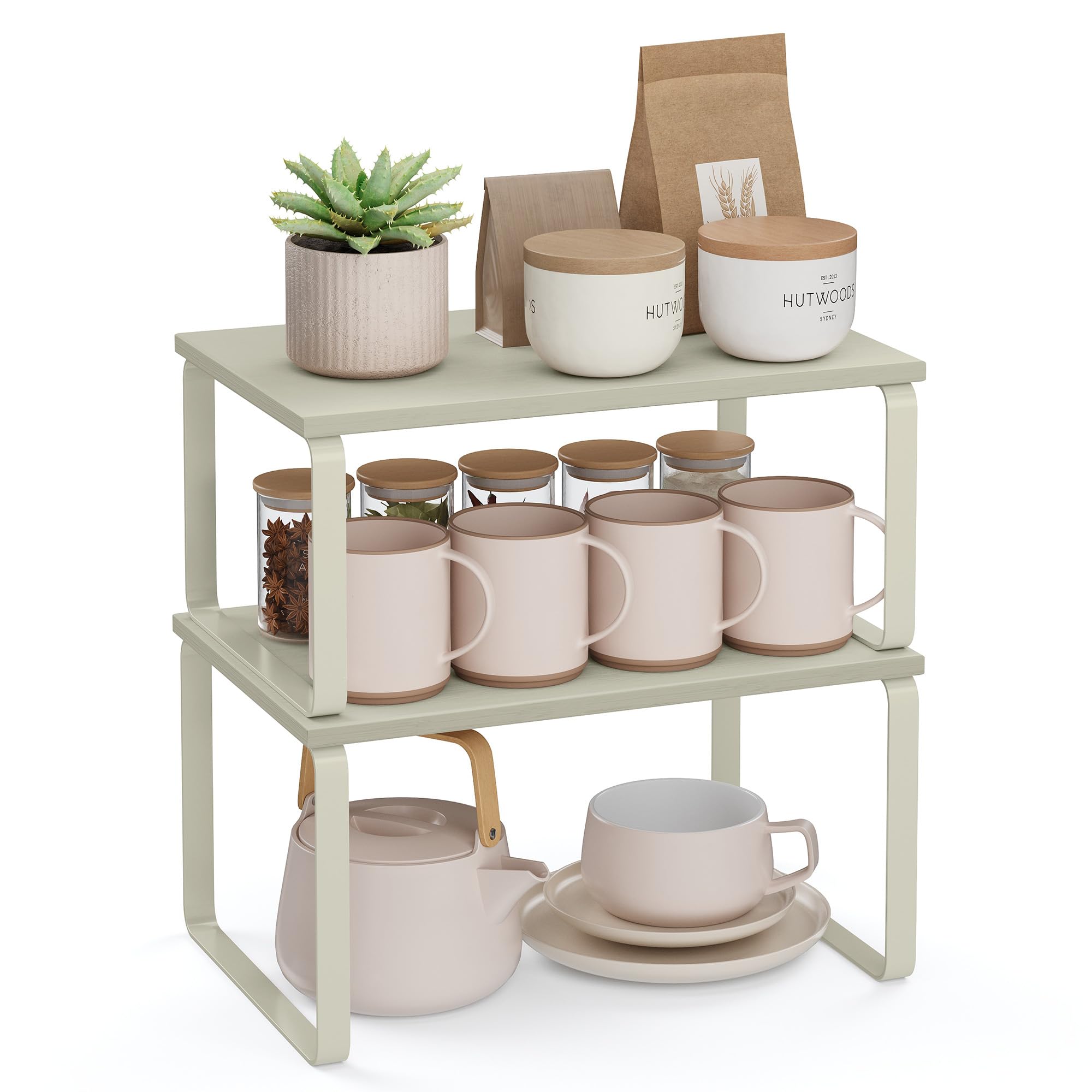 SONGMICS Spice Rack, Set of 2, Cupboard Organizer, Expandable Kitchen Storage Shelf, Stackable Spice Rack, Metal, Engineered Wood, Ink Black and Natural Beige KCS02NB