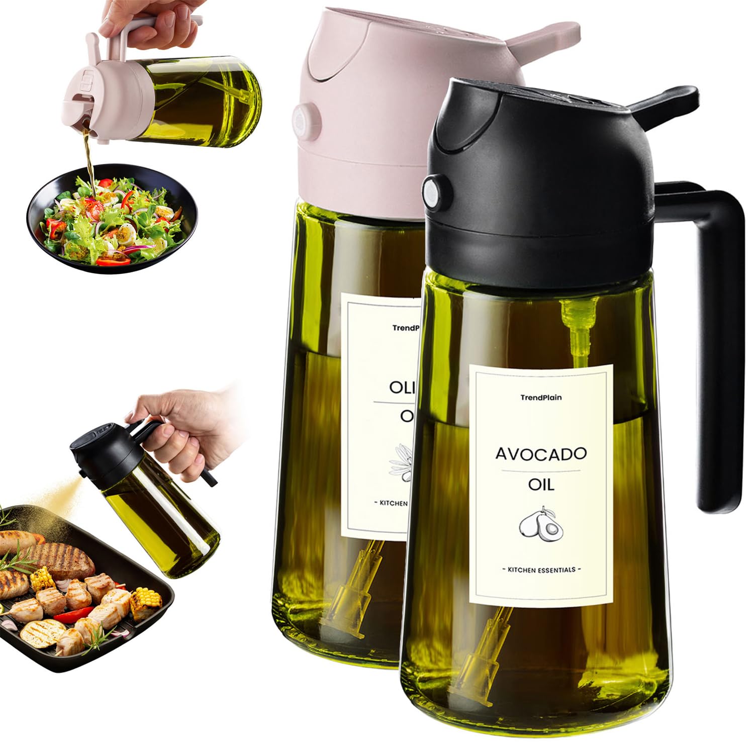 TrendPlain Kitchen Oil Spray 470ml - Air Fryer 2-in-1 Oil Spray for Cooking, Salads, Vinegar and Kitchen Accessories (1 Piece, Black)