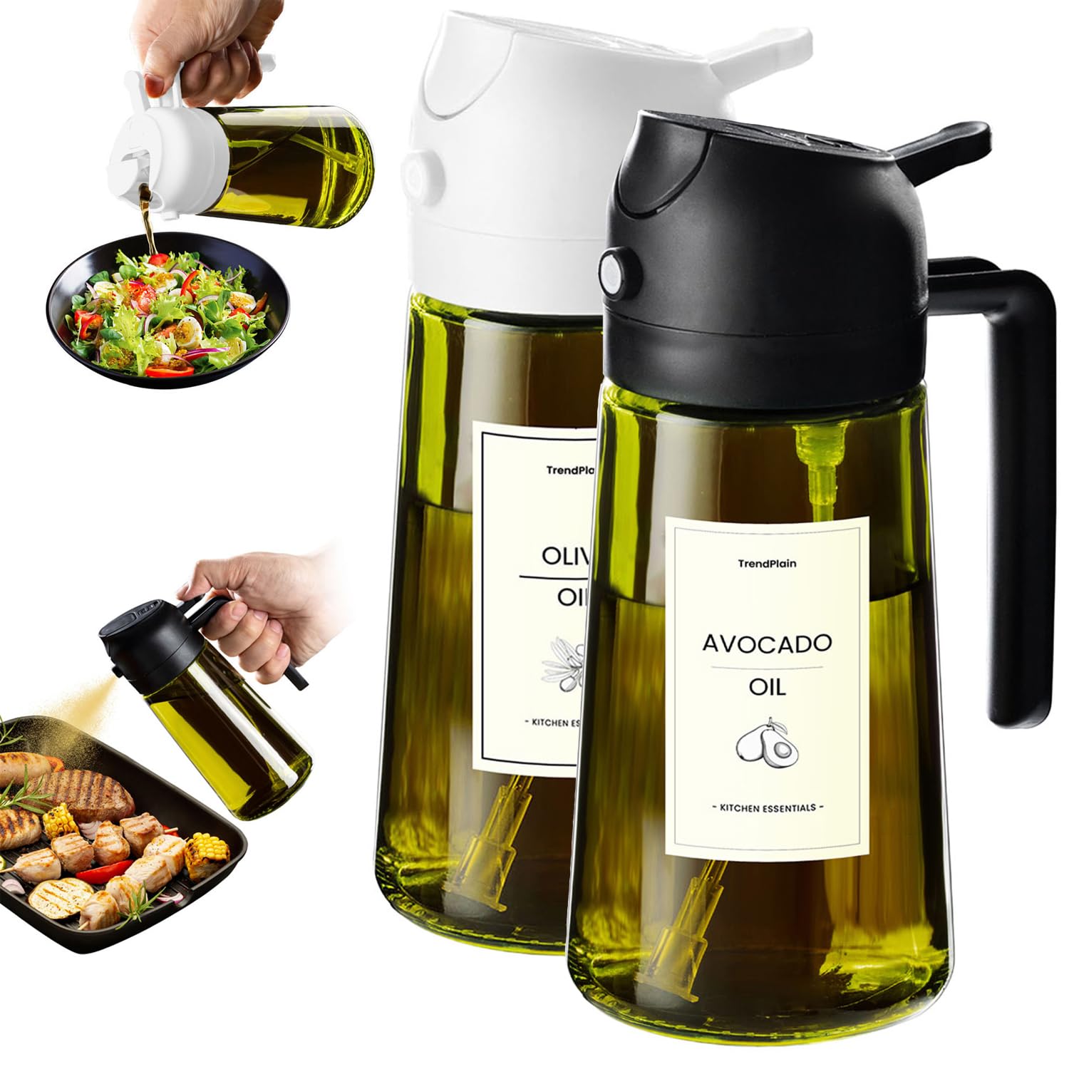 TrendPlain Kitchen Oil Spray 470ml - Air Fryer 2-in-1 Oil Spray for Cooking, Salads, Vinegar and Kitchen Accessories (1 Piece, Black)