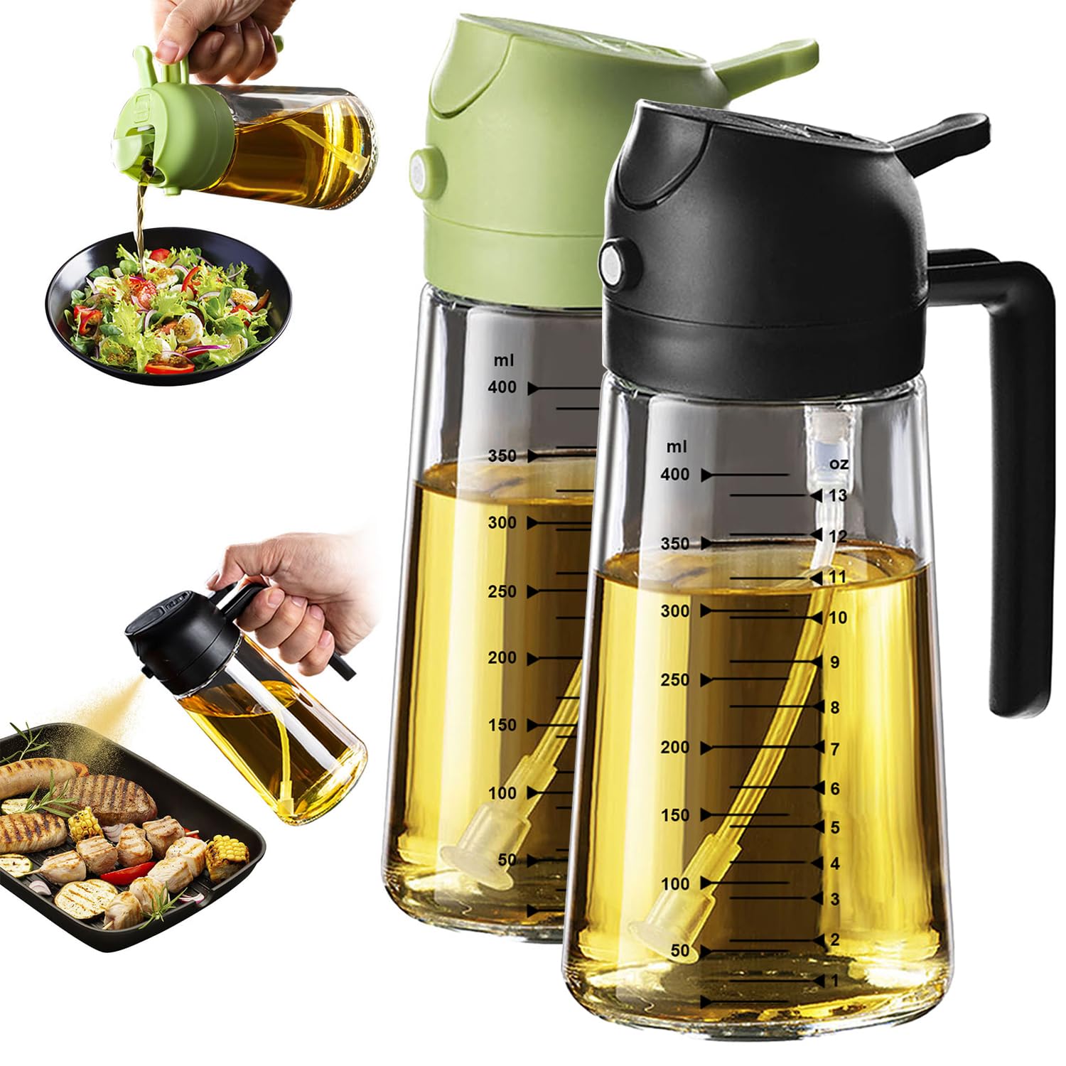 TrendPlain Kitchen Oil Spray 470ml - Air Fryer 2-in-1 Oil Spray for Cooking, Salads, Vinegar and Kitchen Accessories (1 Piece, Black)