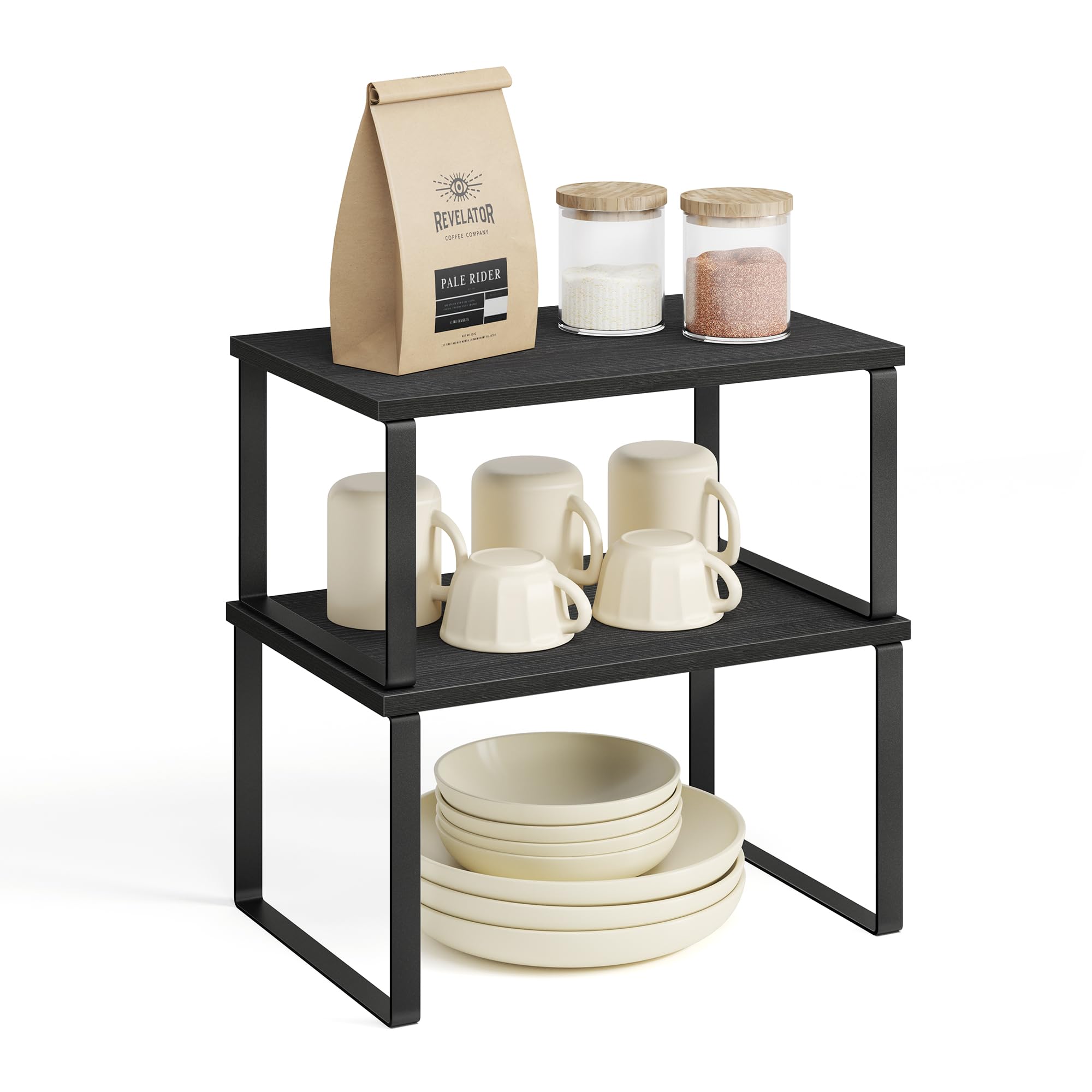 SONGMICS Spice Rack, Set of 2, Cupboard Organizer, Expandable Kitchen Storage Shelf, Stackable Spice Rack, Metal, Engineered Wood, Ink Black and Natural Beige KCS02NB