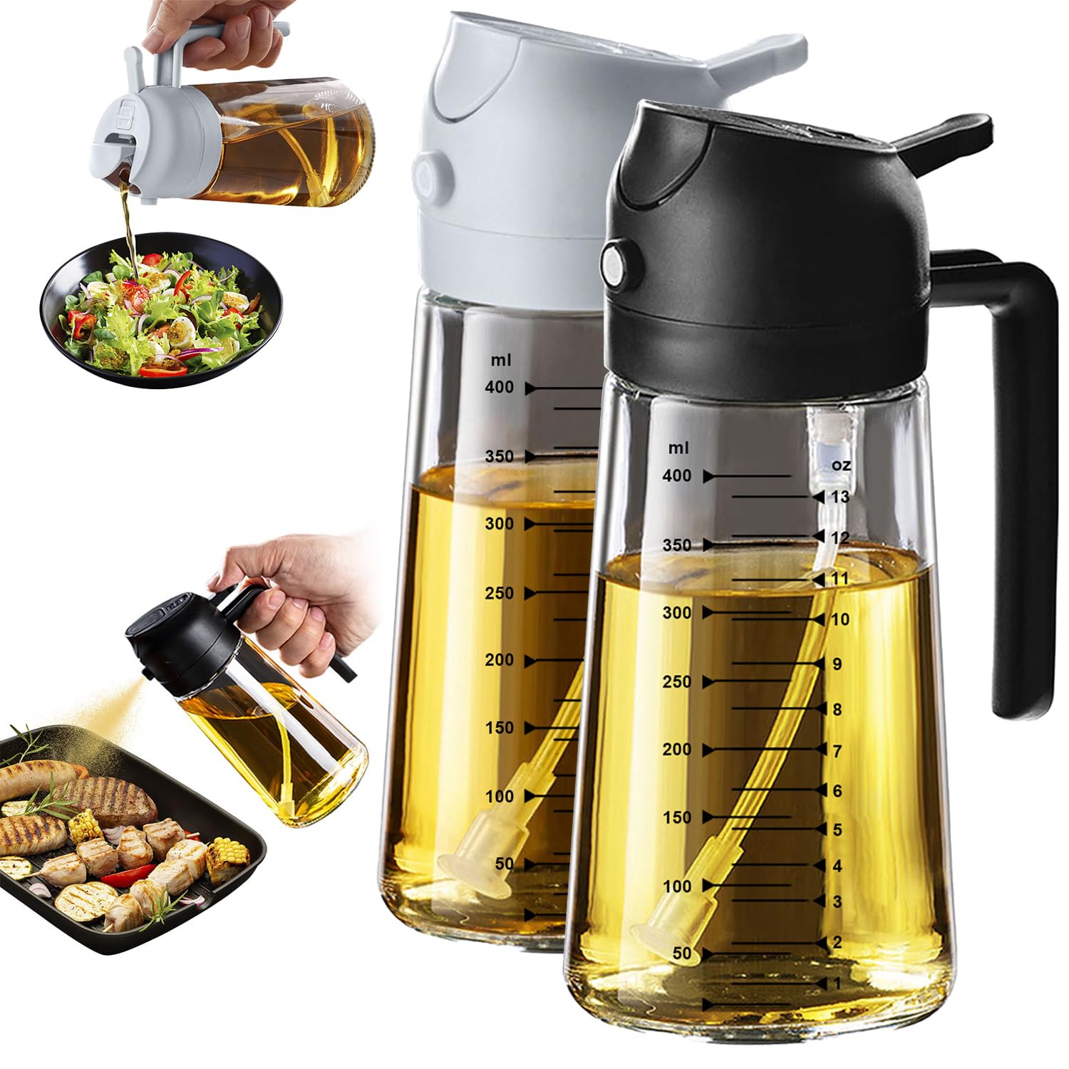 TrendPlain Kitchen Oil Spray 470ml - Air Fryer 2-in-1 Oil Spray for Cooking, Salads, Vinegar and Kitchen Accessories (1 Piece, Black)