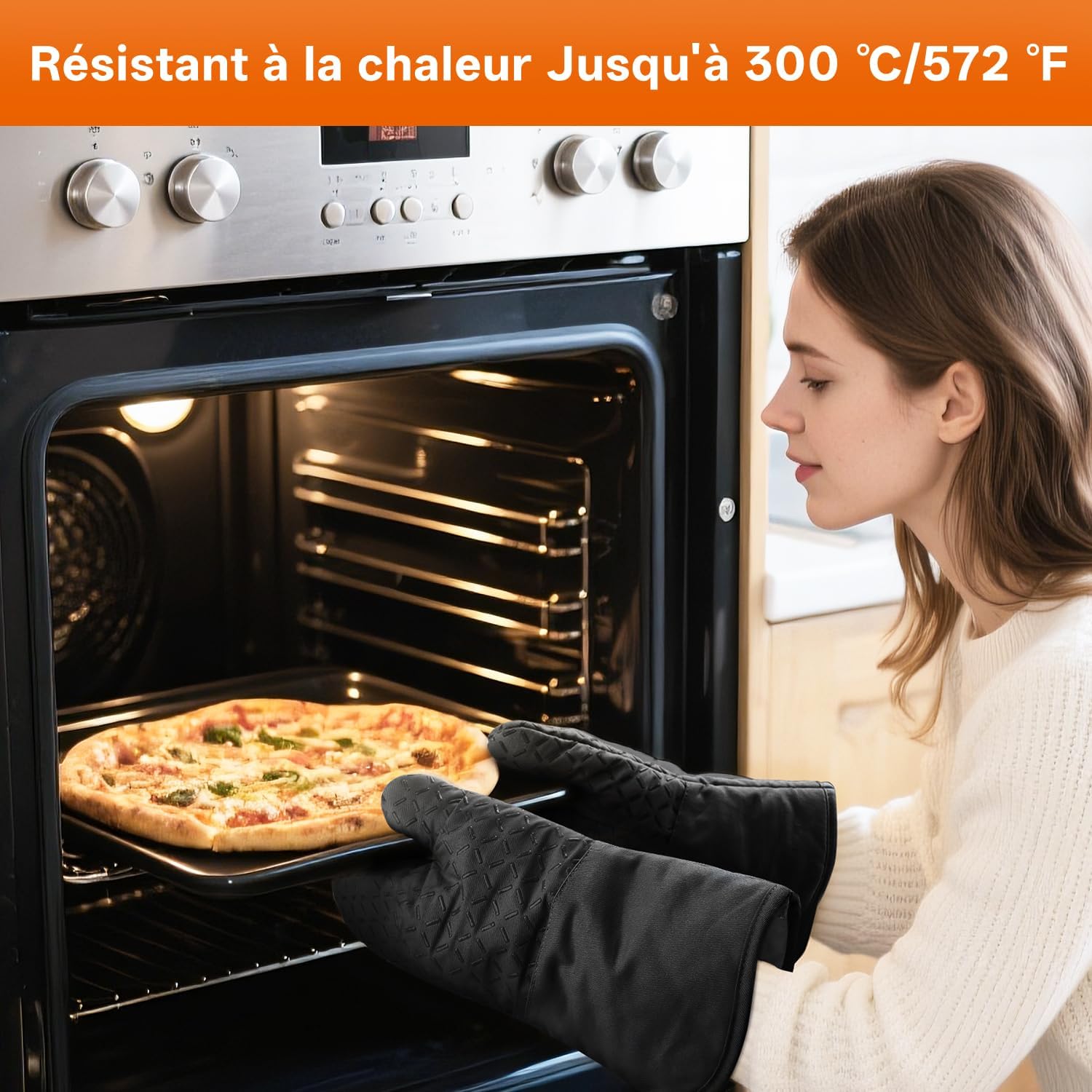 Set of 4 Oven Mitts - MILcea Oven Mitts - Heat Resistant Up to 300°C - Non-Slip Silicone Gloves - Soft Cotton - 32 cm Long and Flexible - Black