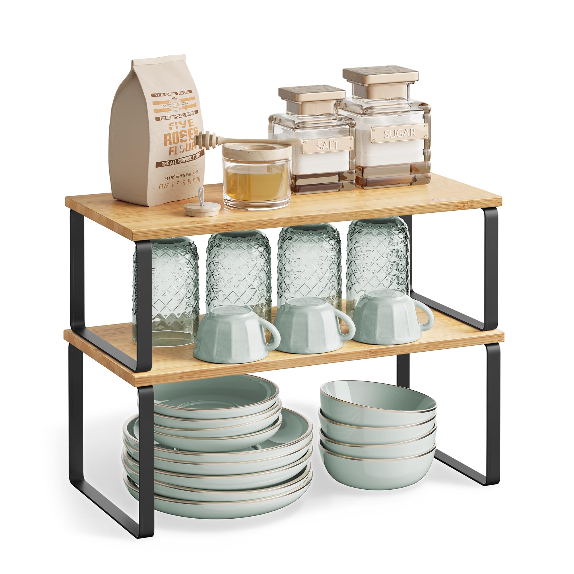 SONGMICS Spice Rack, Set of 2, Cupboard Organizer, Expandable Kitchen Storage Shelf, Stackable Spice Rack, Metal, Engineered Wood, Ink Black and Natural Beige KCS02NB
