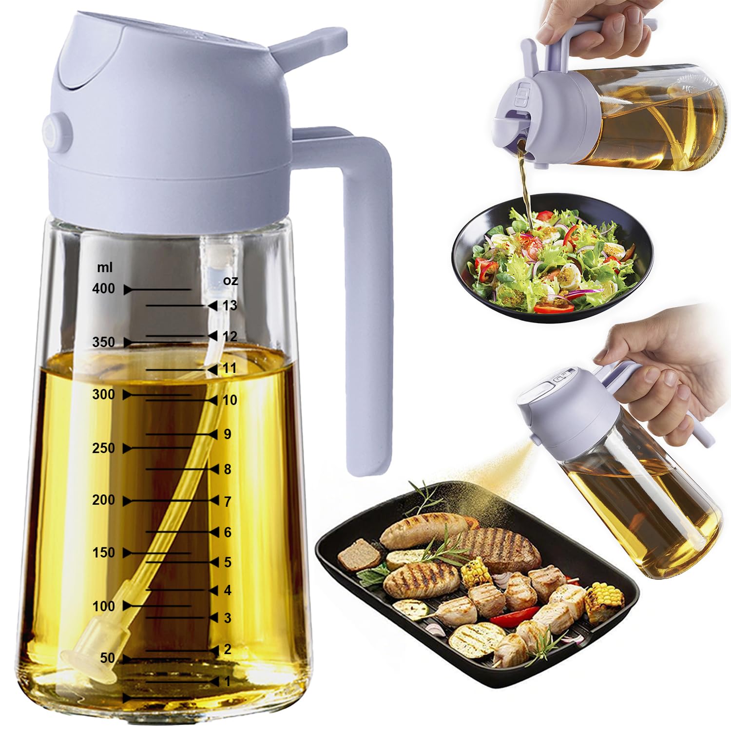 TrendPlain Kitchen Oil Spray 470ml - Air Fryer 2-in-1 Oil Spray for Cooking, Salads, Vinegar and Kitchen Accessories (1 Piece, Black)