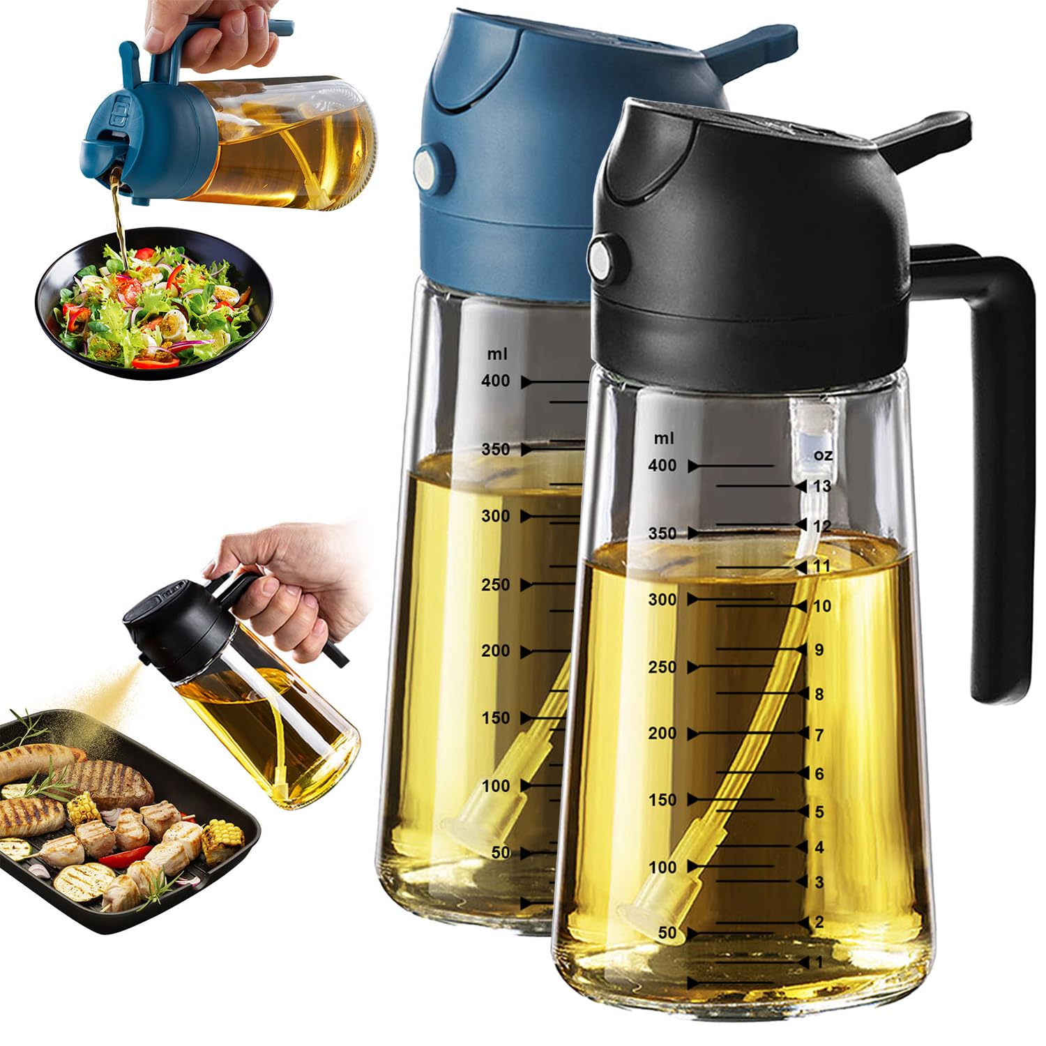 TrendPlain Kitchen Oil Spray 470ml - Air Fryer 2-in-1 Oil Spray for Cooking, Salads, Vinegar and Kitchen Accessories (1 Piece, Black)