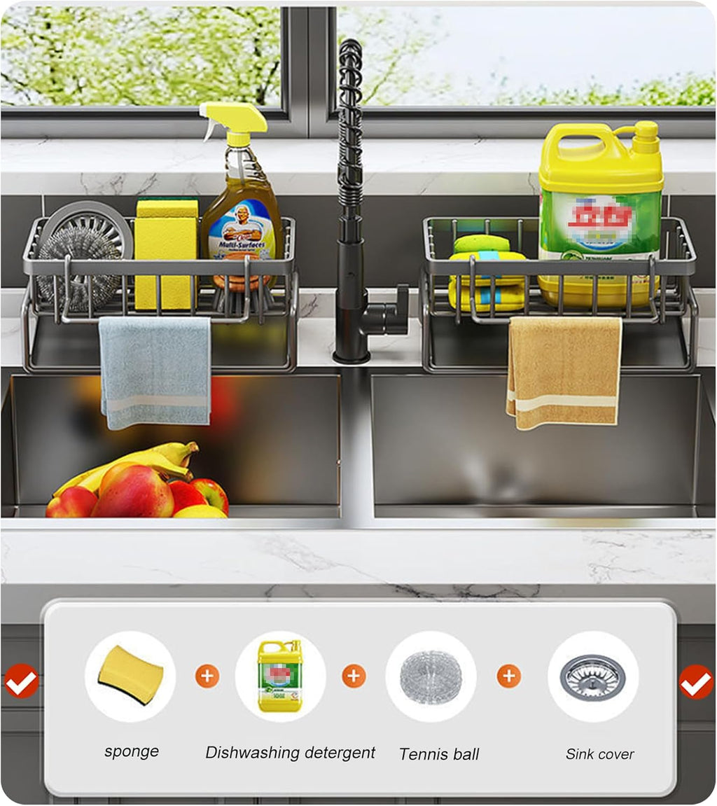 ViWaVee Kitchen Storage and Organization, Sink Organizer with Automatic Drainage Tray for Sponge Holder, Towel Holder, Great Accessories for Black Room.