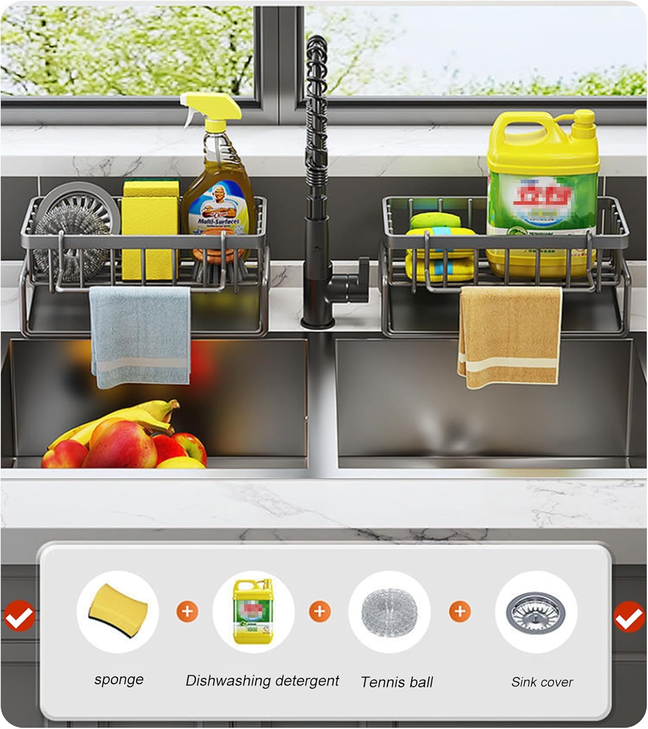 ViWaVee Kitchen Storage and Organization, Sink Organizer with Automatic Drainage Tray for Sponge Holder, Towel Holder, Great Accessories for Black Room.